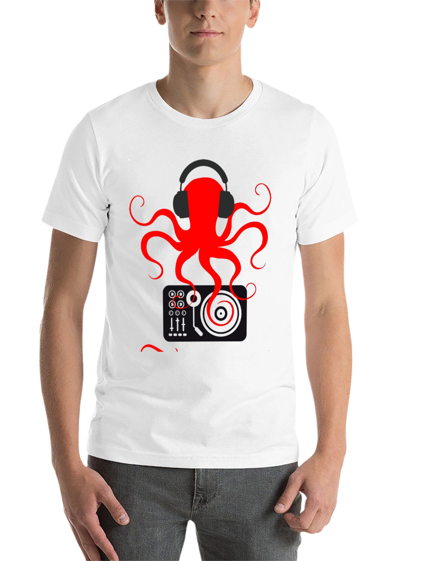 Black Red Octopus Headphones Graphic T-Shirt view 14