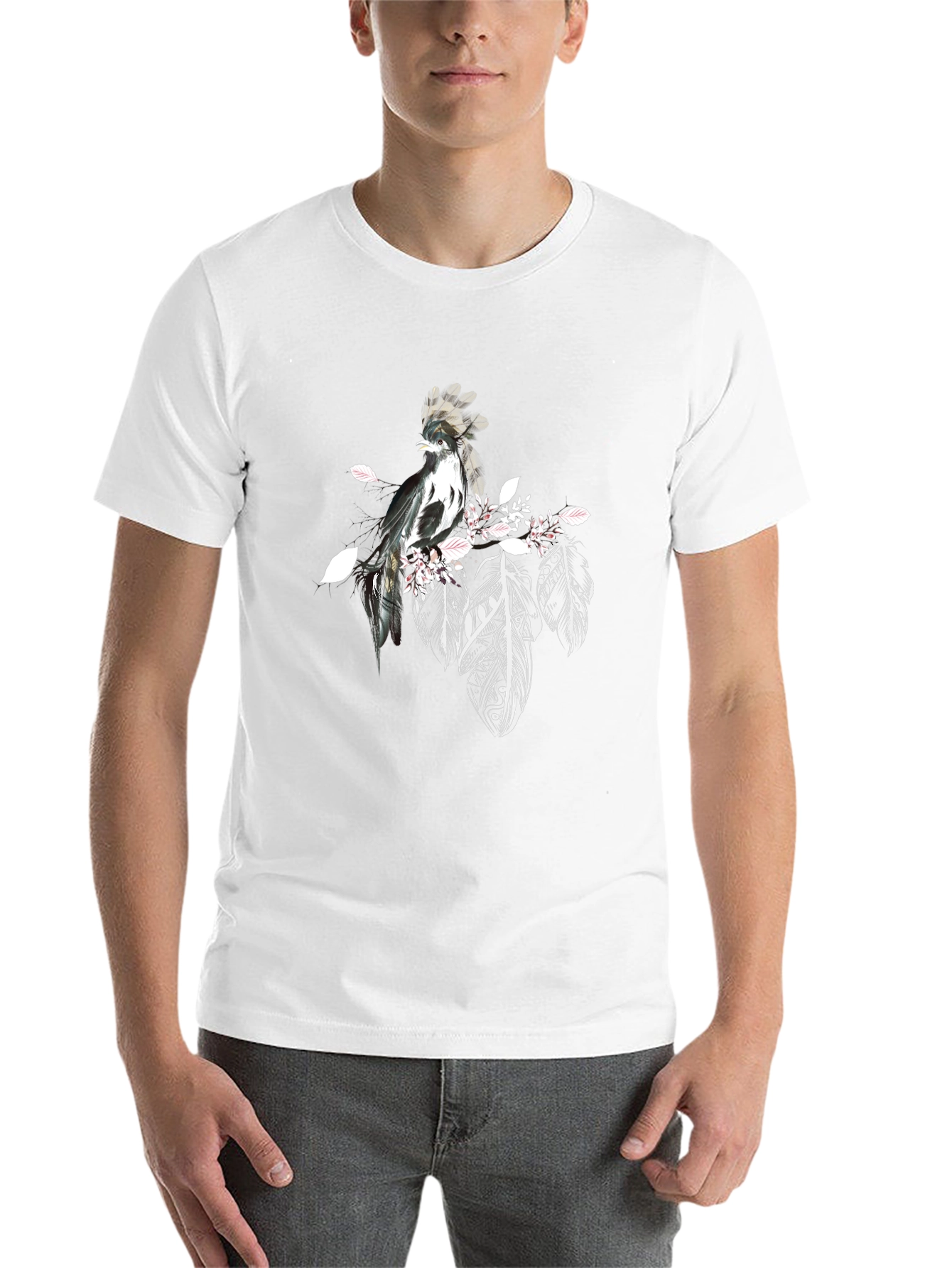 Black Black T-Shirt with Bird and Feathers Design view 14