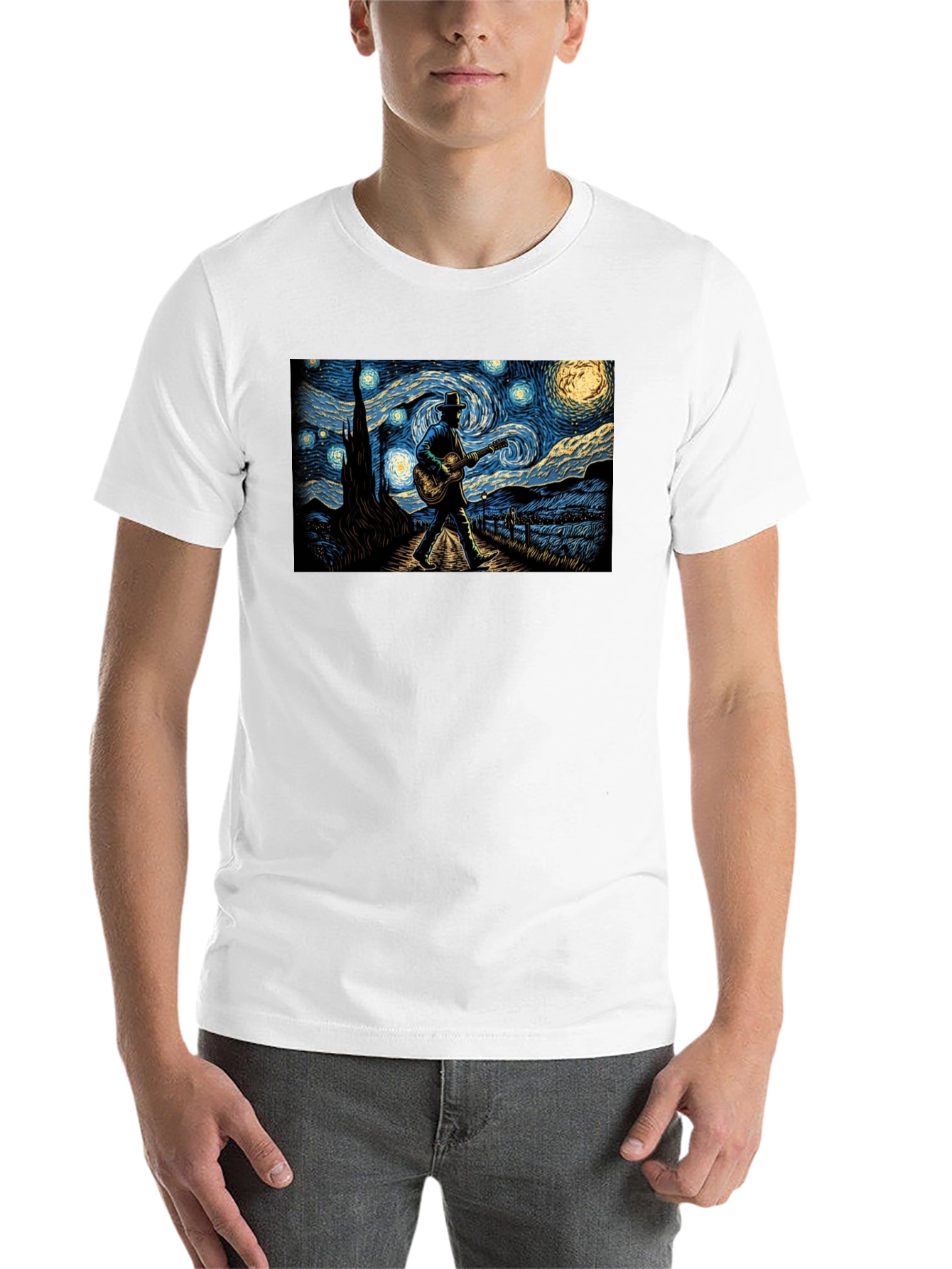 Black Starry Night Guitar Player Graphic Tee view 14