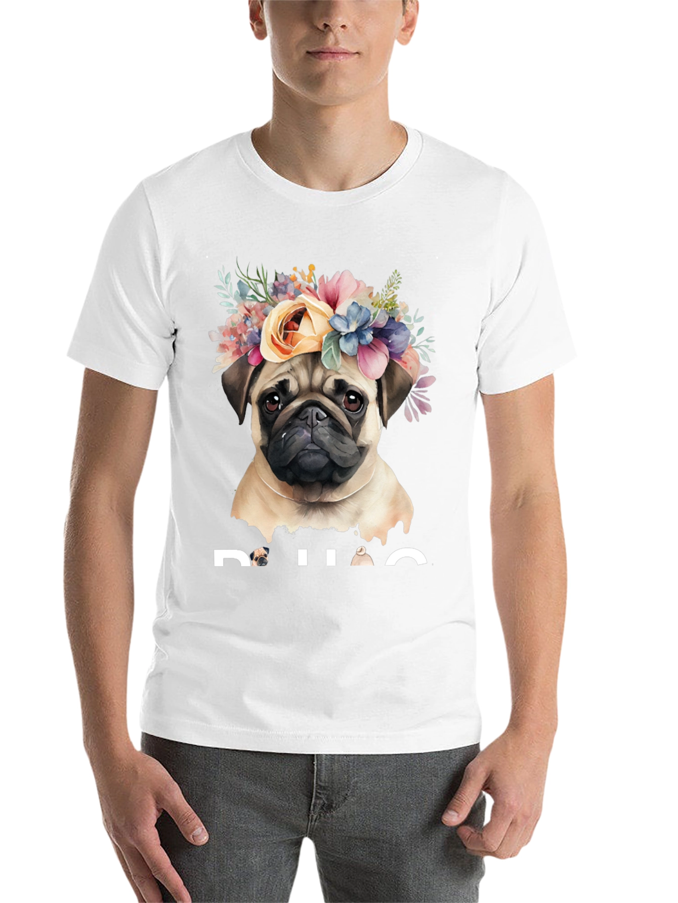Black Pug Floral Crown Graphic Tee - Black Cotton T-Shirt view 14