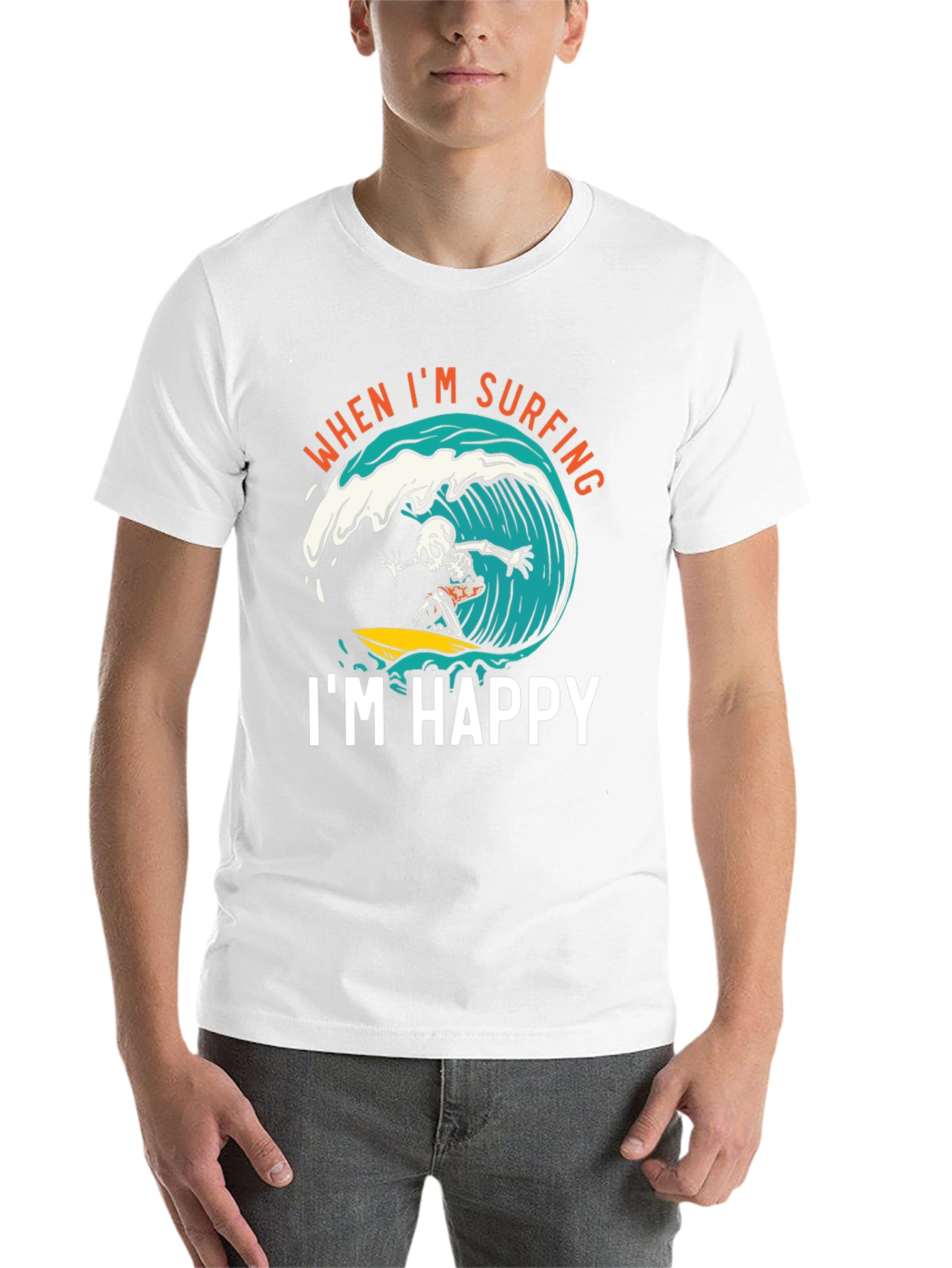 Surfing Skeleton Graphic Tee - "When I'm Surfing, I'm Happy" Black T-Shirt - 14