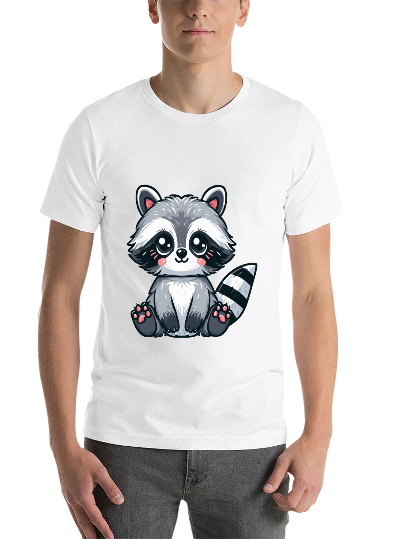 Black Cute Cartoon Raccoon Graphic Tee - Soft Black Cotton view 14