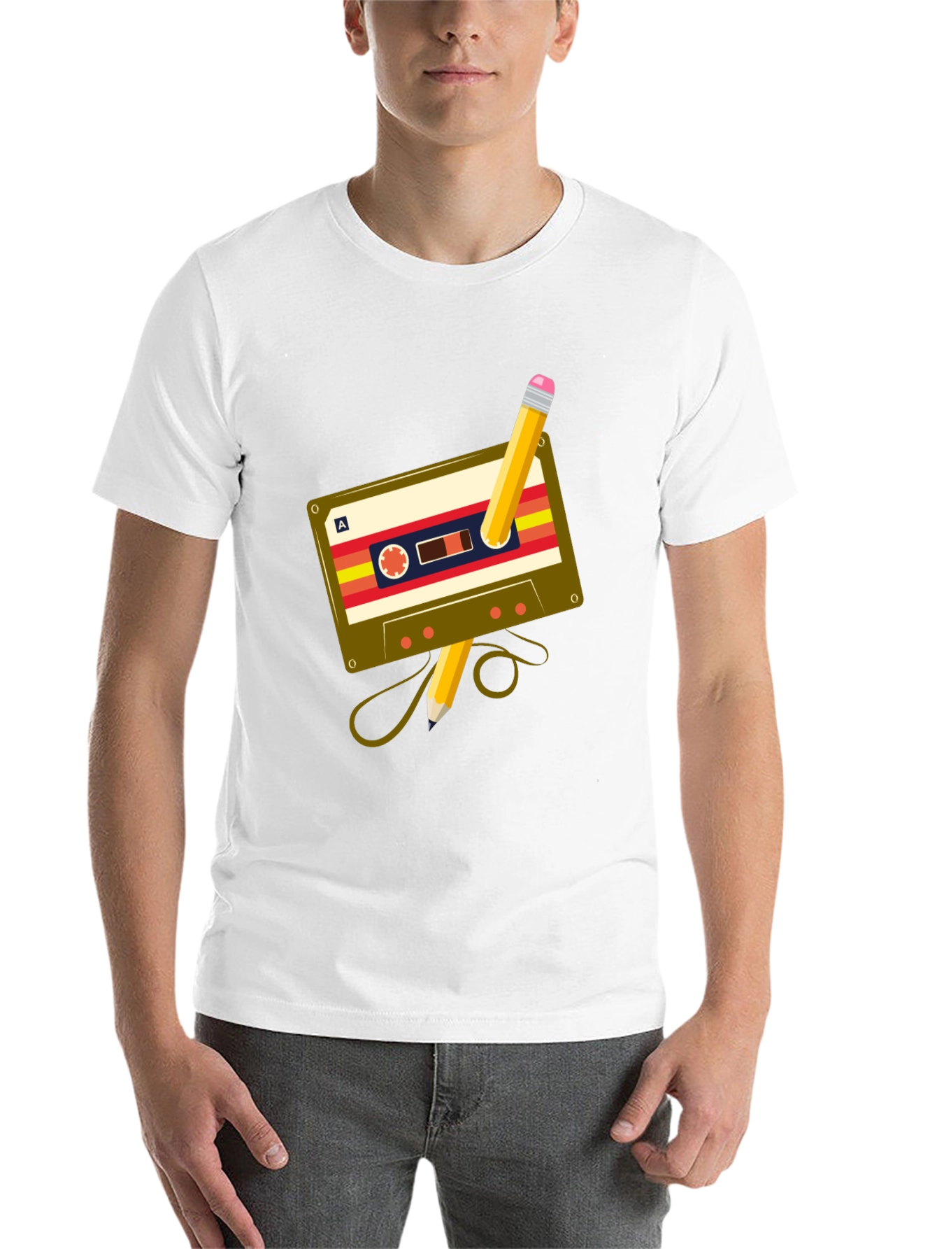 Black Retro Cassette & Pencil Graphic Tee - Music Lover's T-Shirt view 14