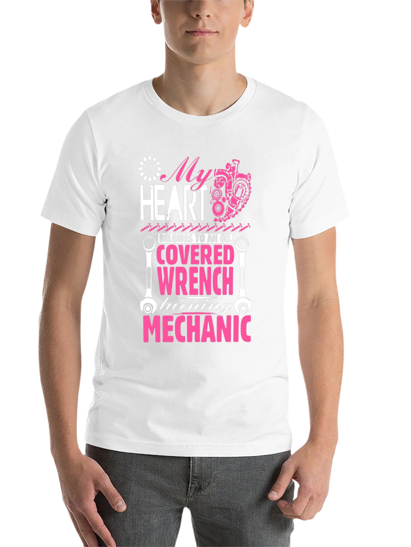 Black Mechanic Heart T-Shirt: Oil Covered Wrench Design view 14