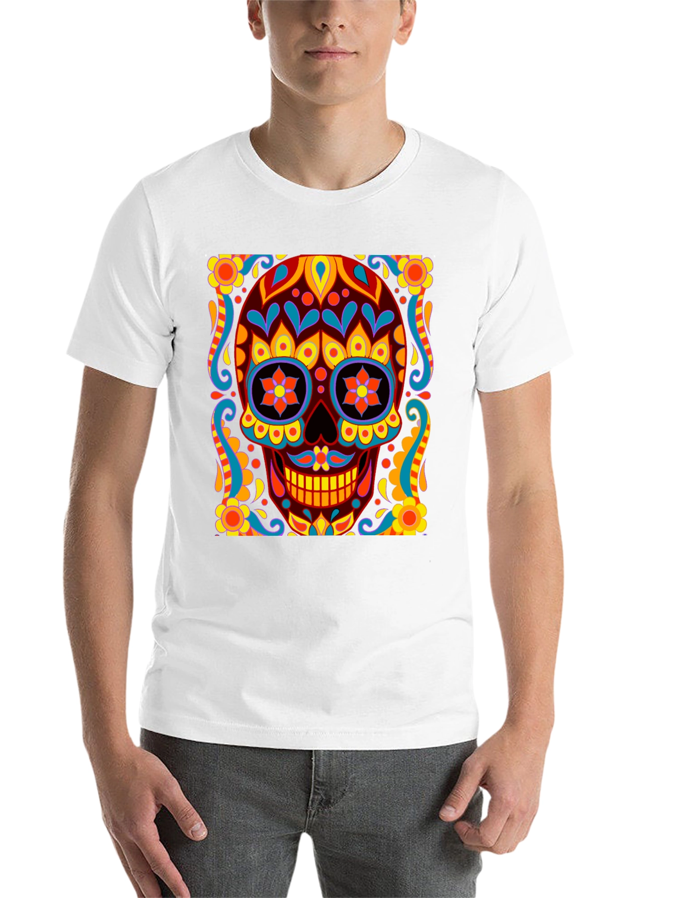 Black Day of the Dead Skull Graphic Black T-Shirt view 14