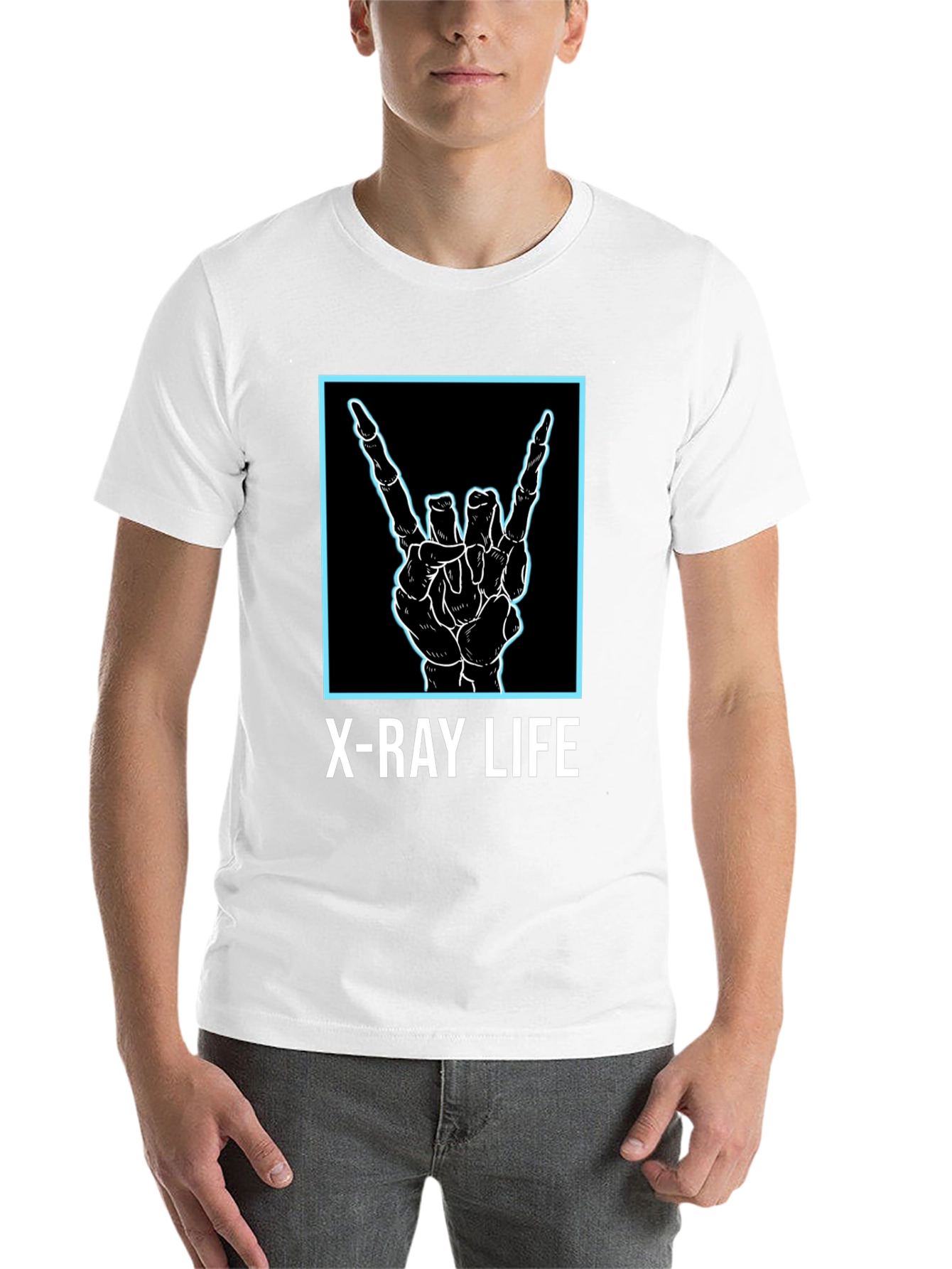 Black X-Ray Life Skeleton Hand Rock On T-Shirt view 14