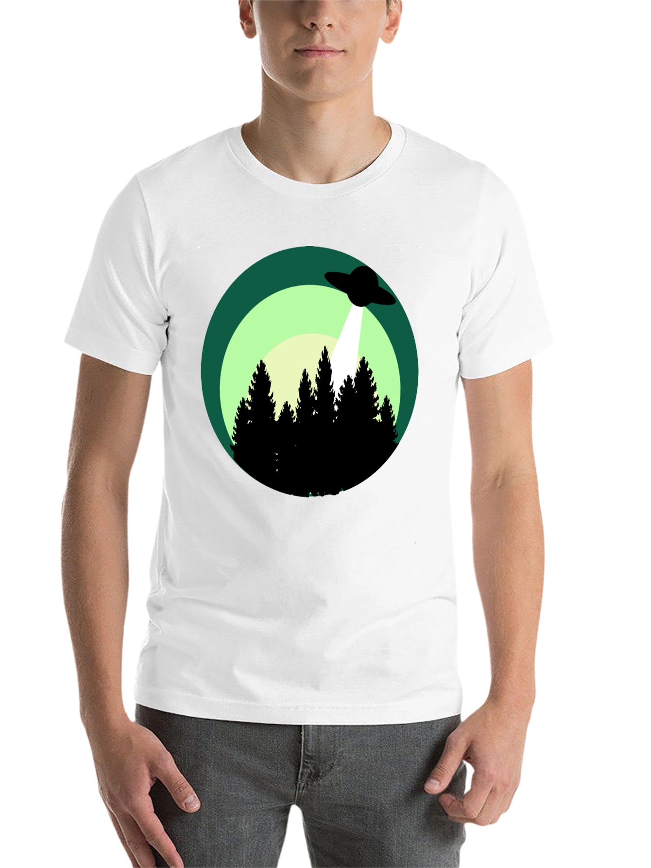 Black UFO Abduction Graphic Tee - Forest Scene Black T-Shirt view 14