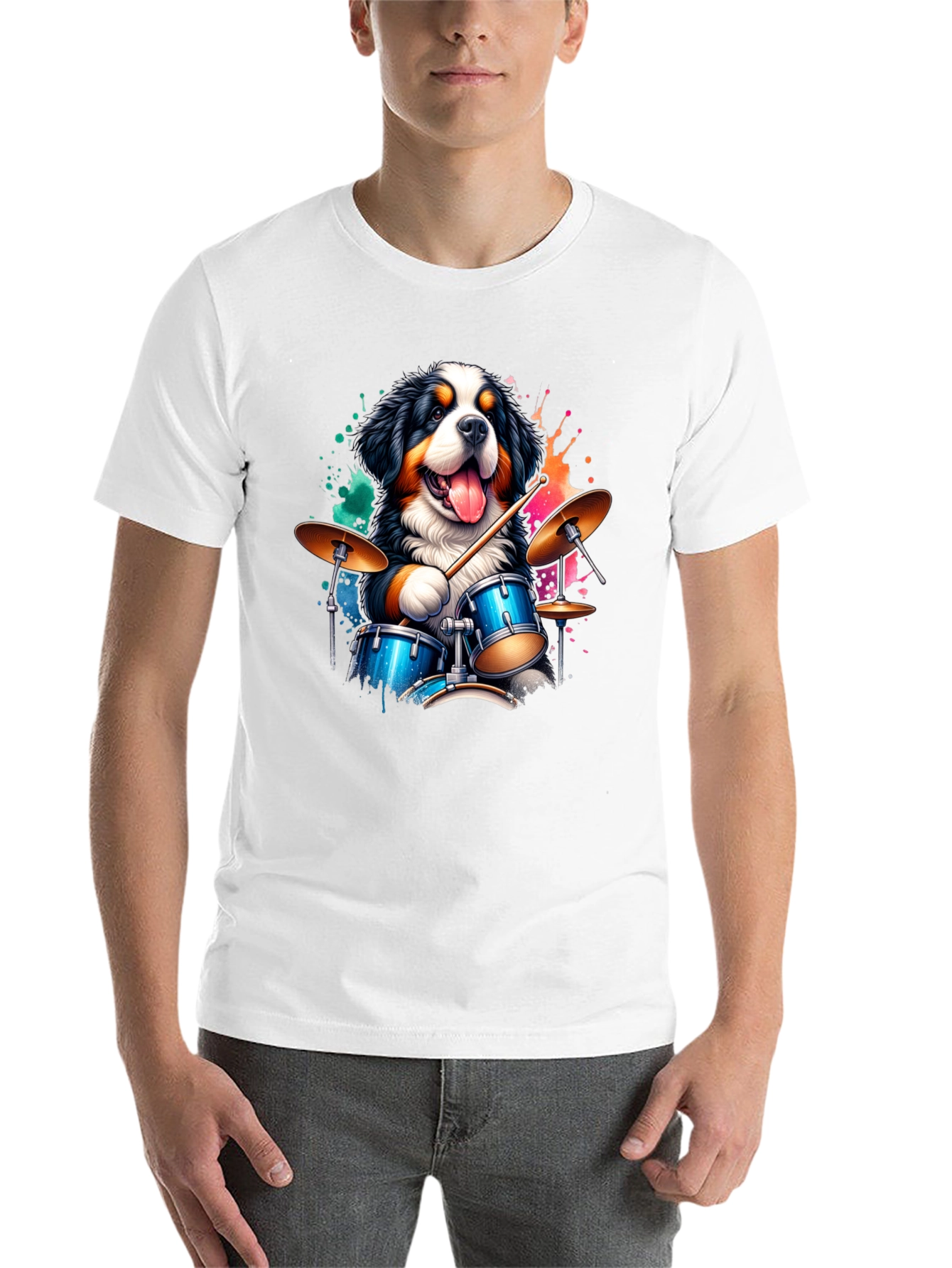 Black Drummer Dog Graphic Tee - Black Cotton T-Shirt view 14