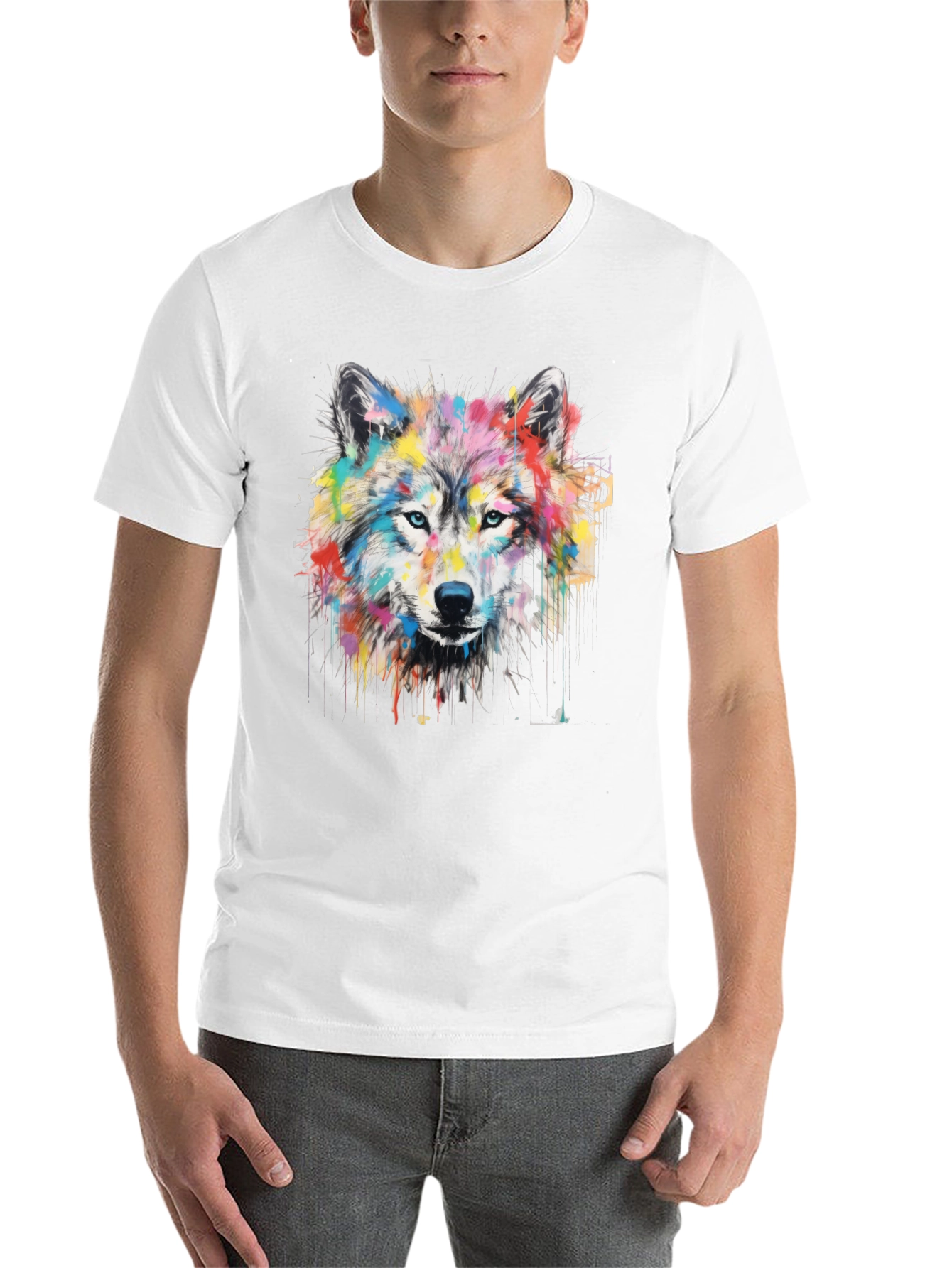 Black Colorful Wolf Graphic Print Men's Black T-Shirt view 14