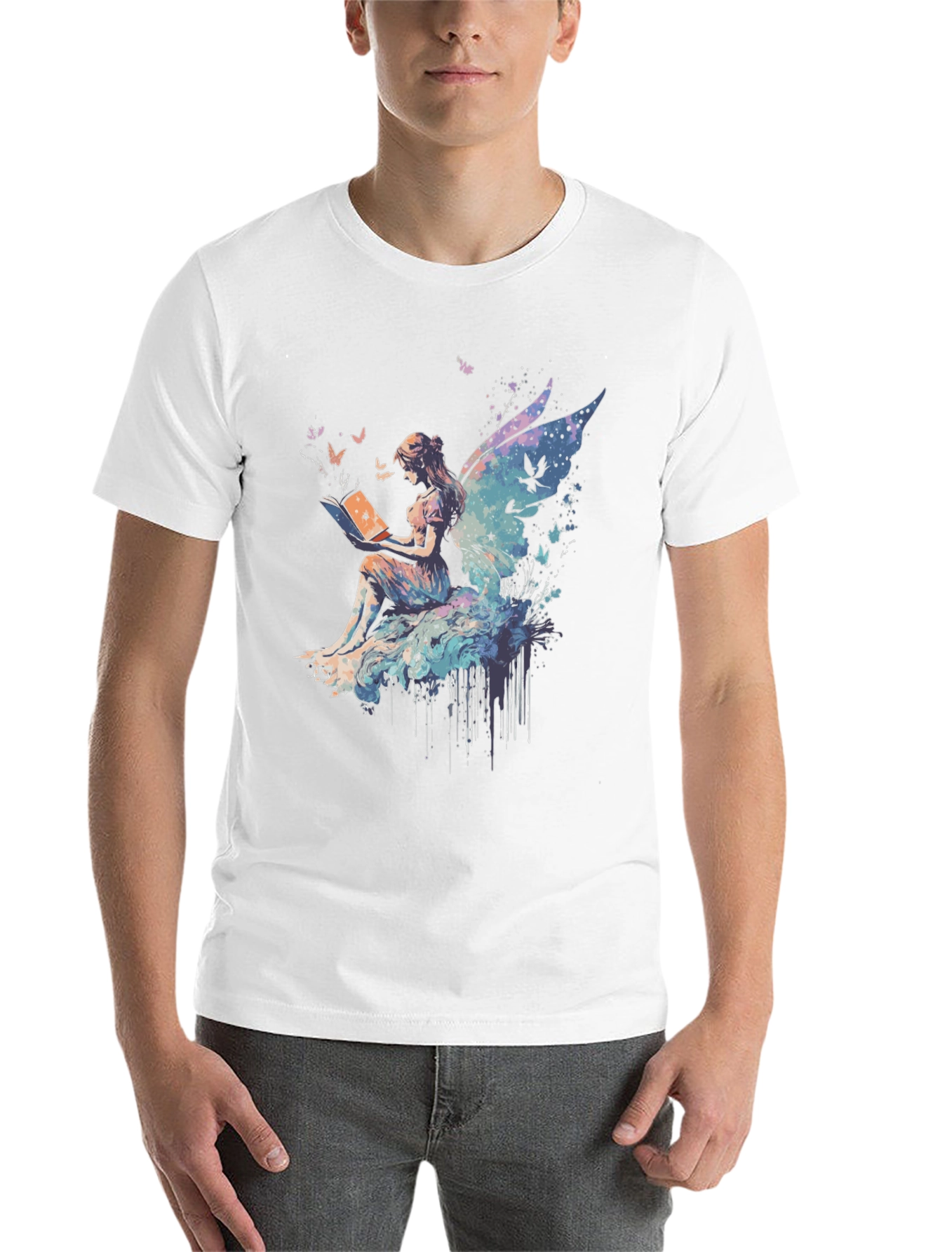 Black Whimsical Fairy Reading Book Graphic T-Shirt view 14