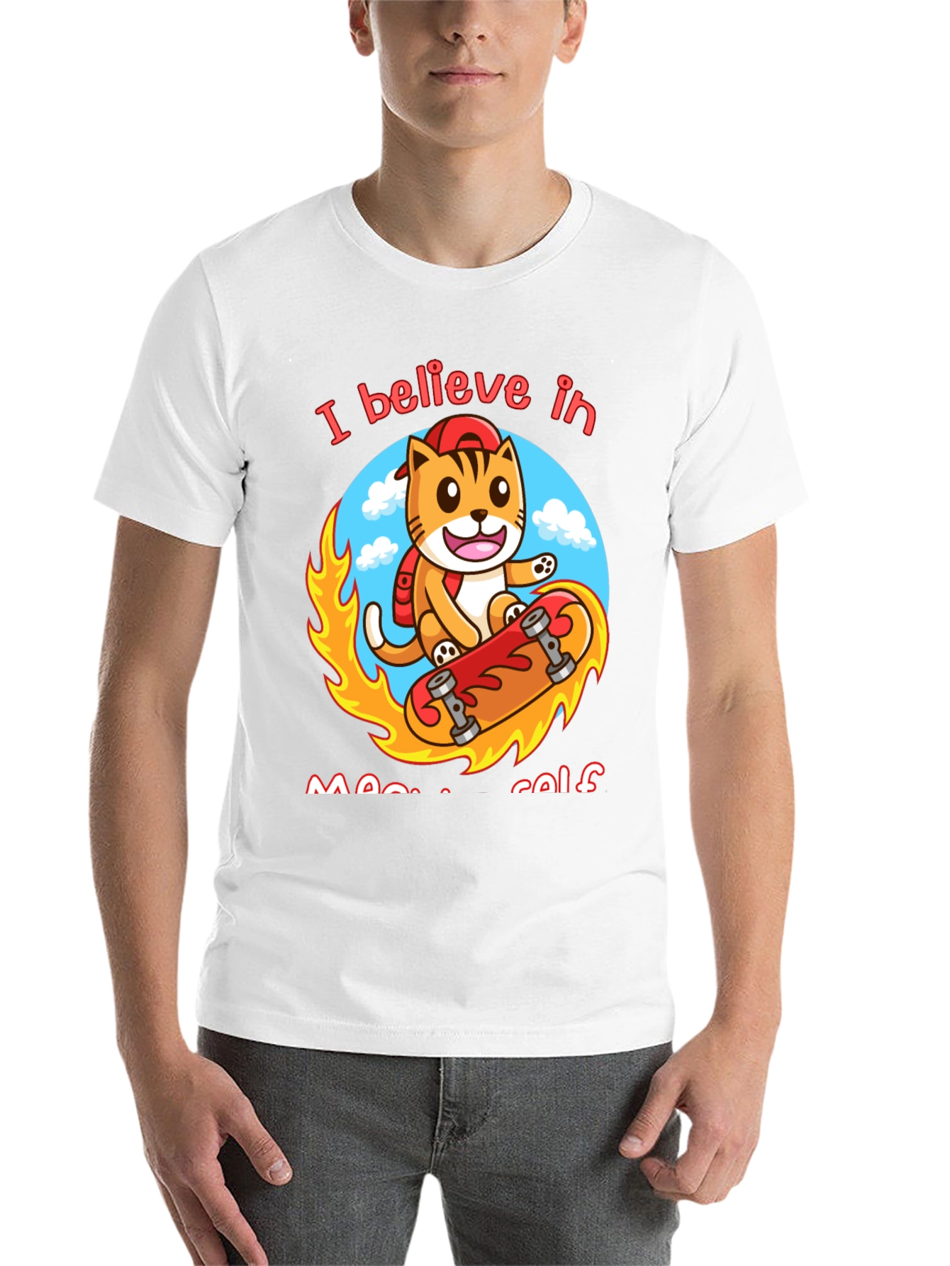Black Believe in Meowself T-Shirt - Cute Cat Skateboard Design view 14