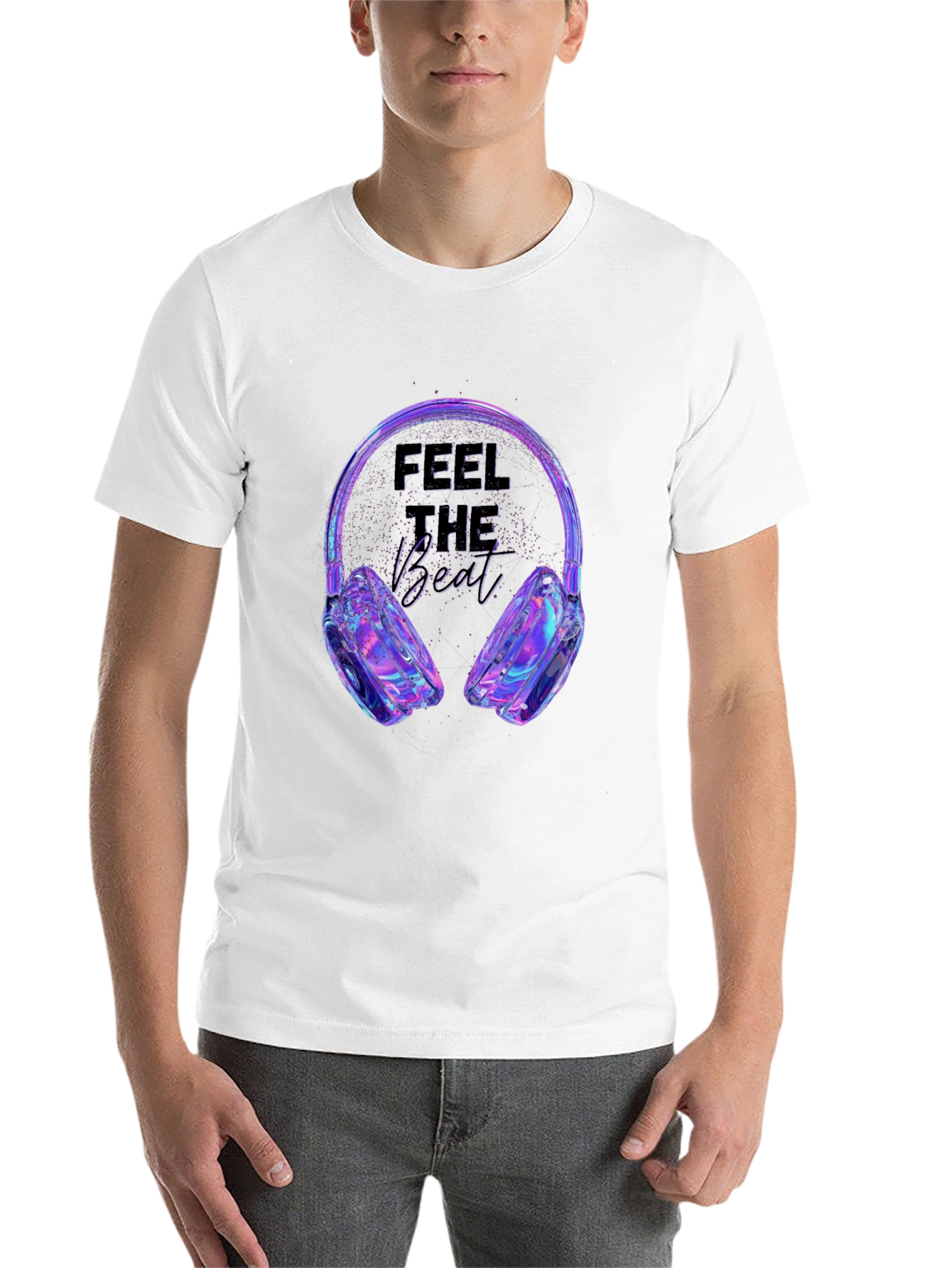 Black Feel the Beat T-Shirt - Holographic Headphones Design view 14