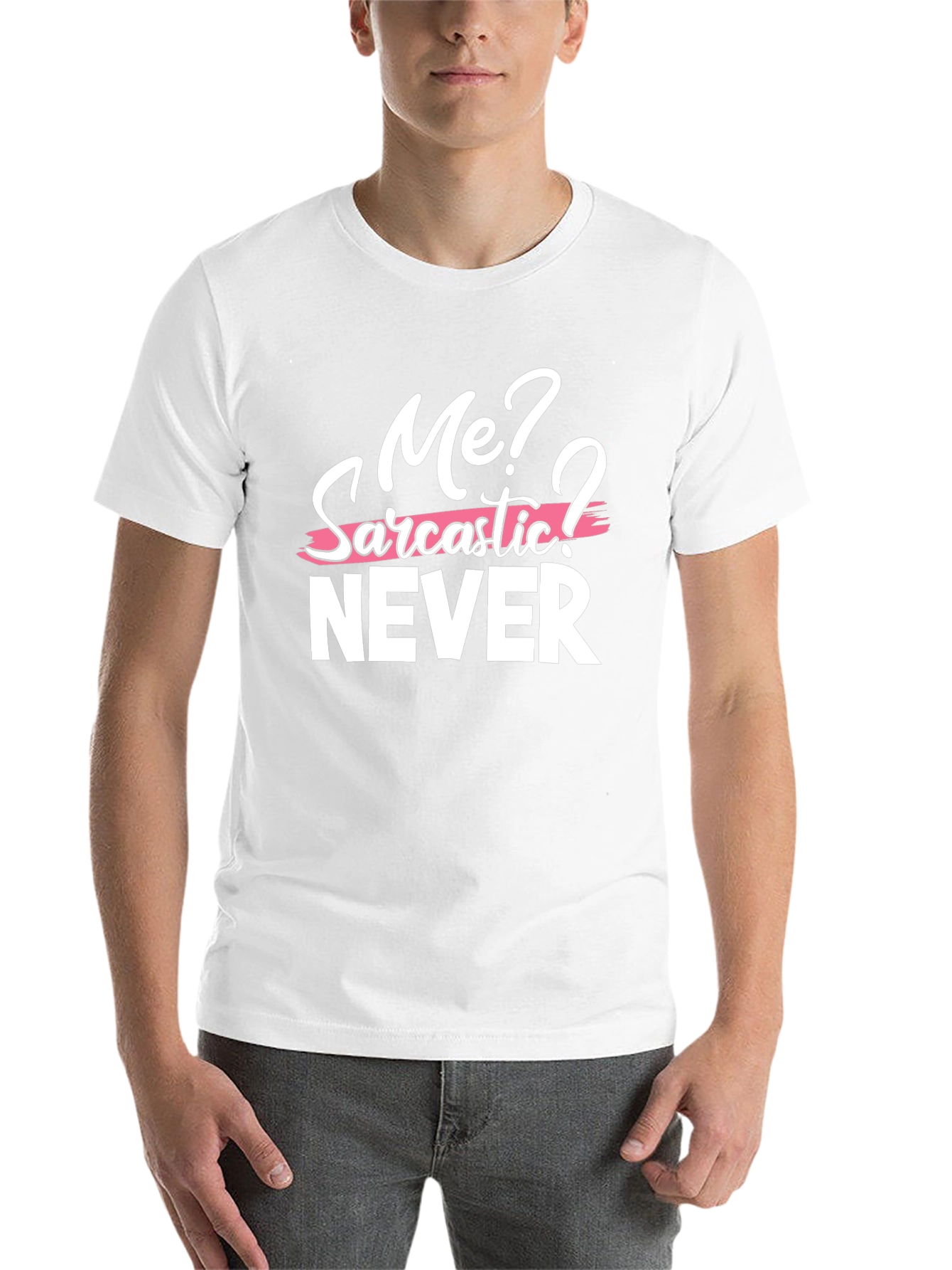 Black Sarcastic Humor Graphic Tee - Me? Never! T-Shirt view 14