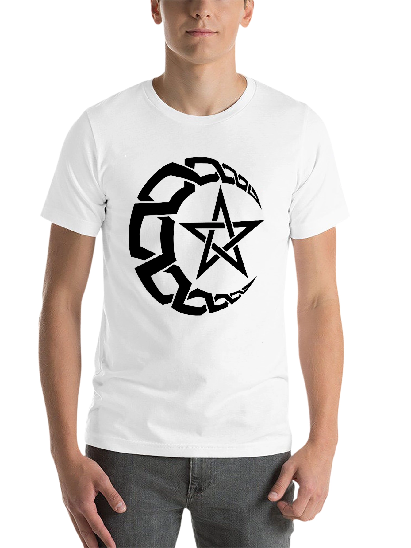 Black Men's Black T-Shirt with Pentagram Design view 14