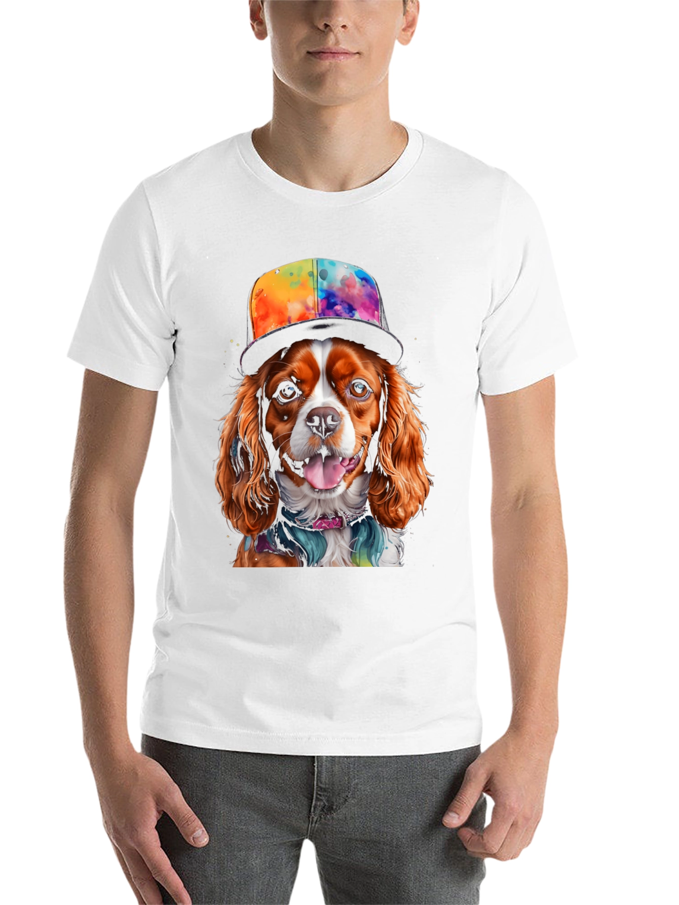 Black Cool Dog T-Shirt: Cavalier in Colorful Hat view 14