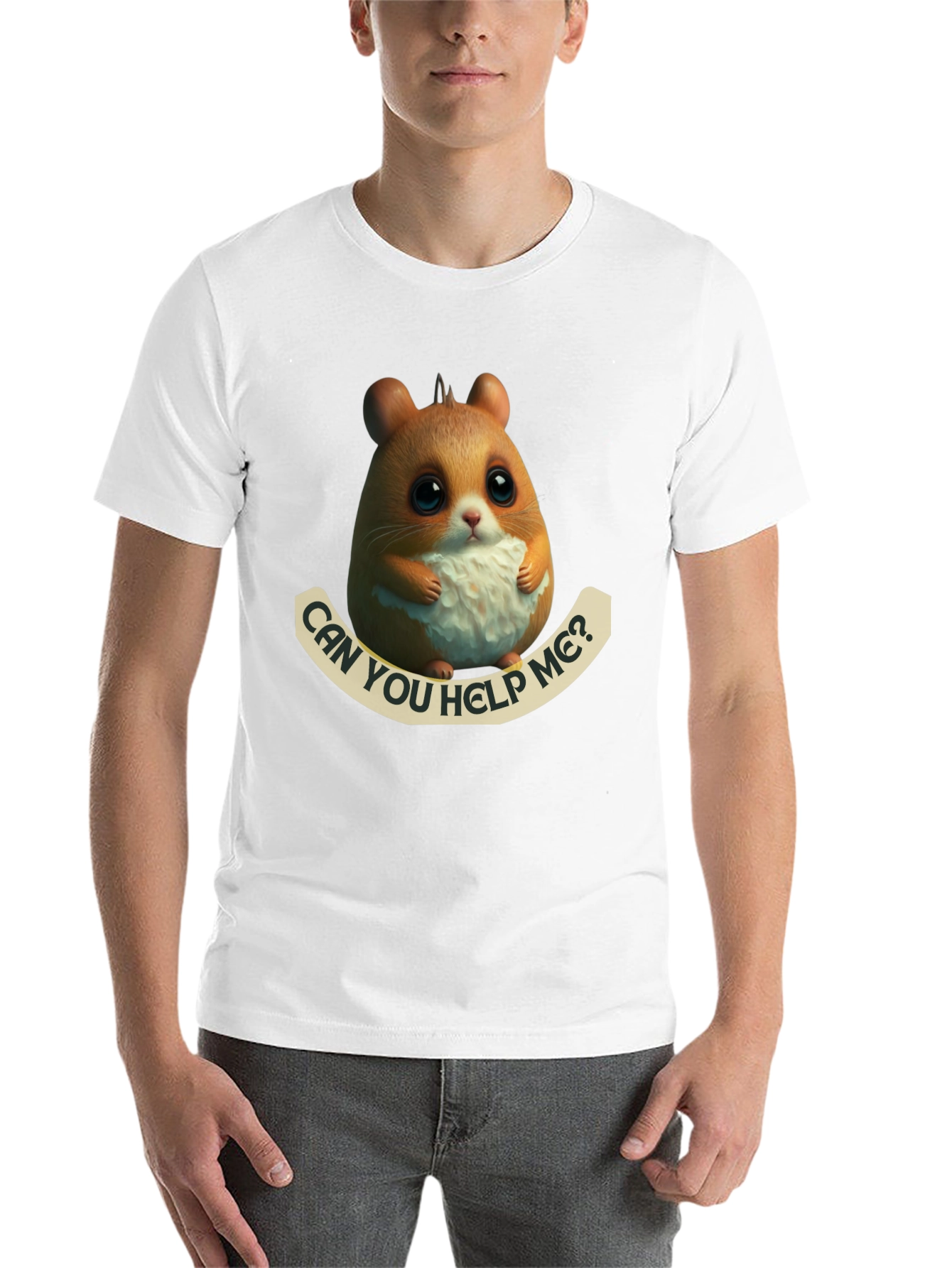 Black Cute Hamster 'Can You Help Me?' Graphic T-Shirt view 14
