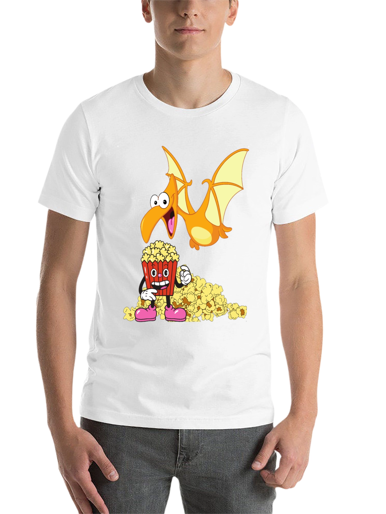 Black Cartoon Pterodactyl & Popcorn Graphic T-Shirt view 14