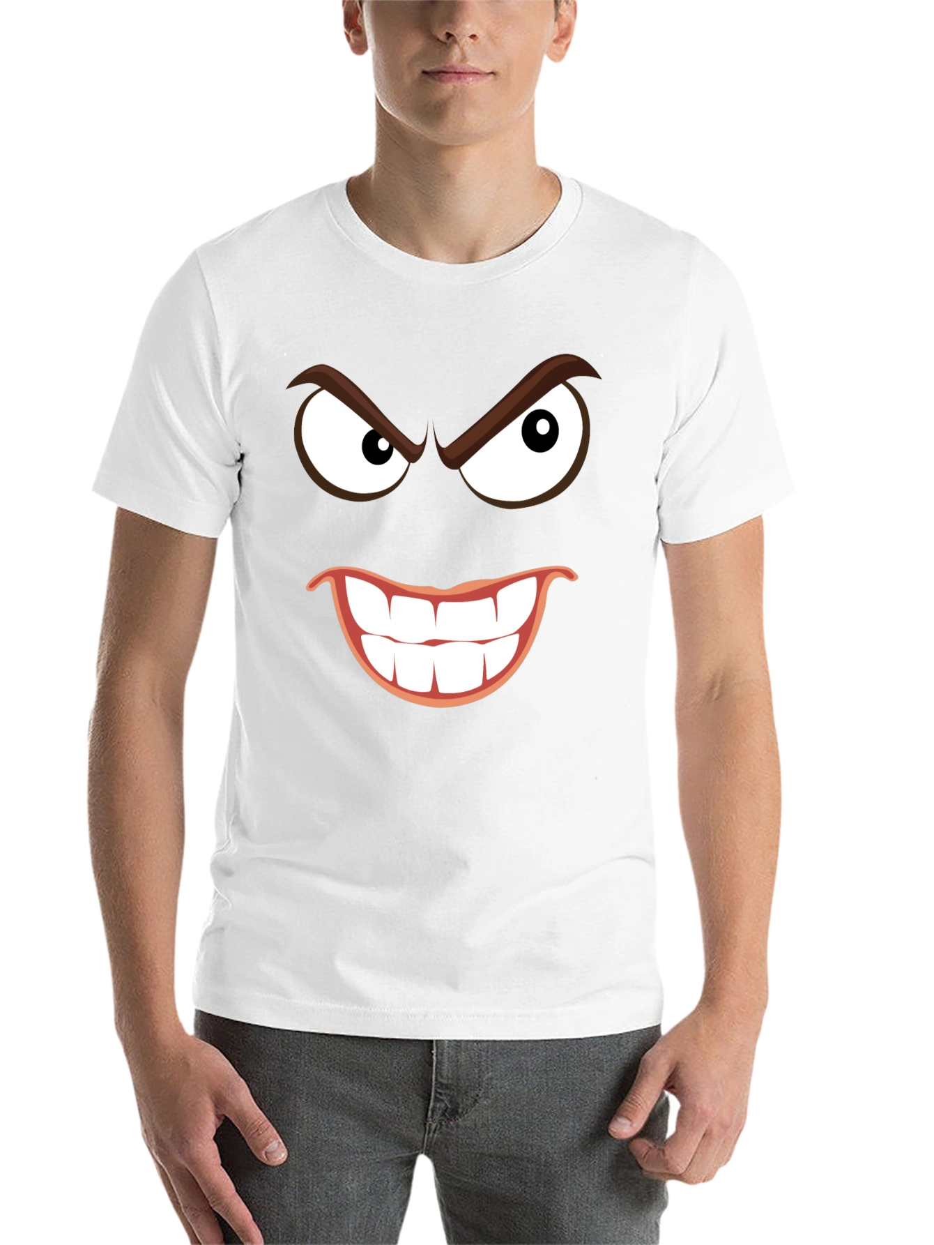 Black Men's Black T-Shirt with Grinning Cartoon Face view 14