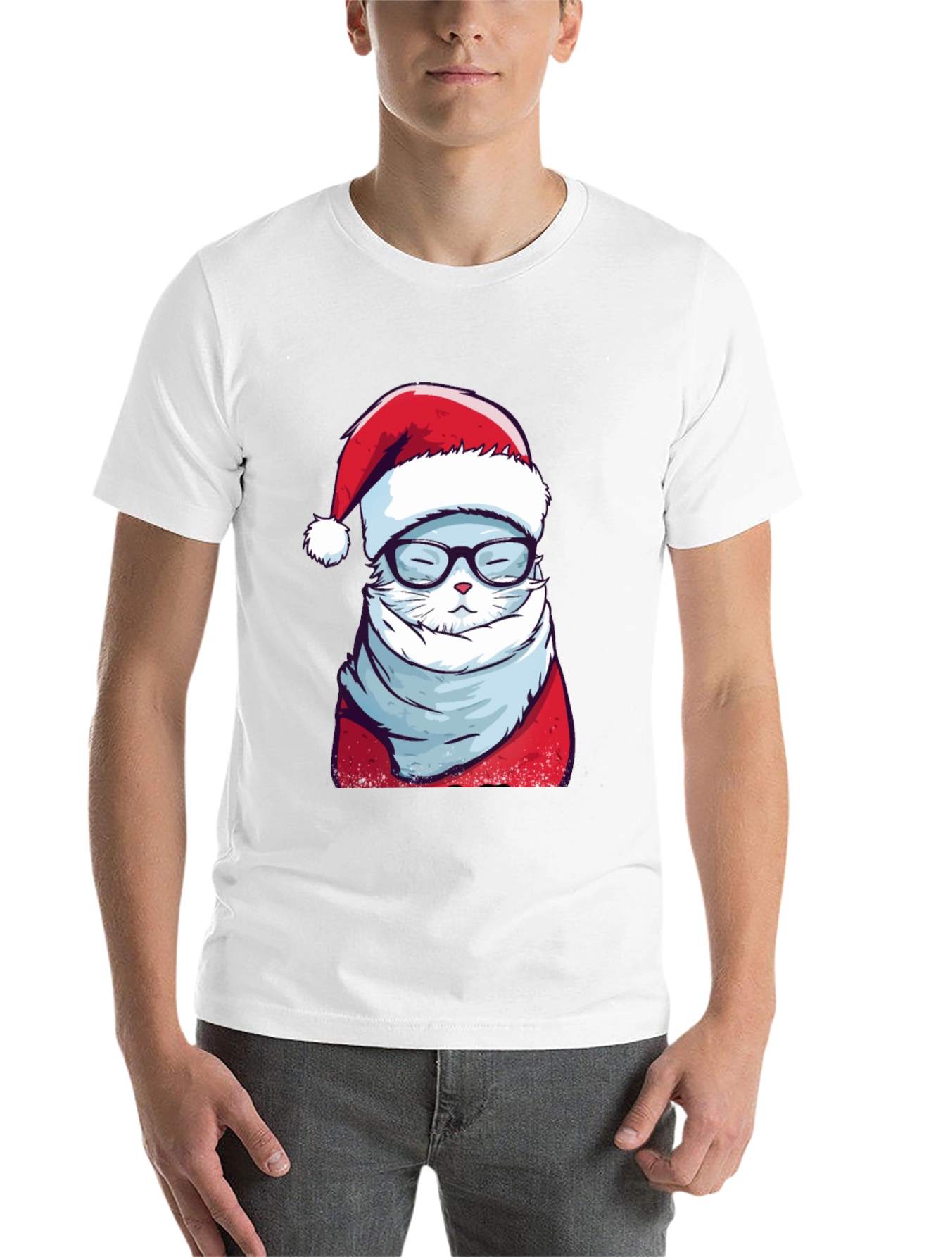 Black Holiday Cat T-Shirt: Santa Hat & Glasses view 14