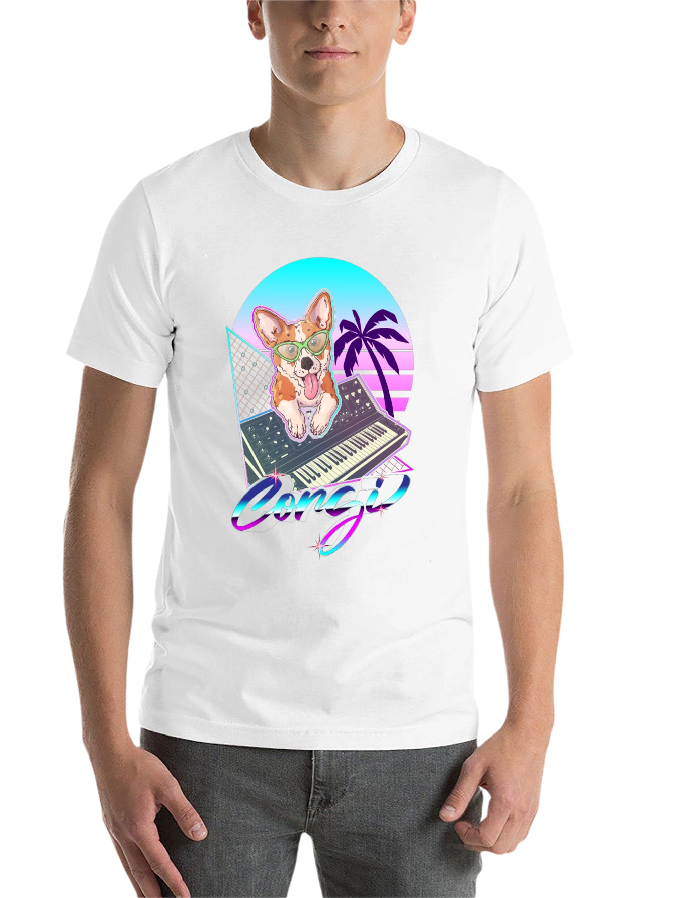 Black Retro Corgi Synthwave Graphic T-Shirt view 14