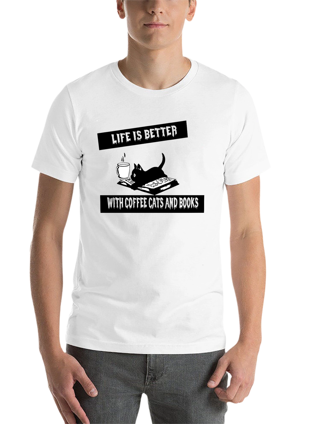 Black Life is Better with Coffee, Cats, and Books Black Tee view 14