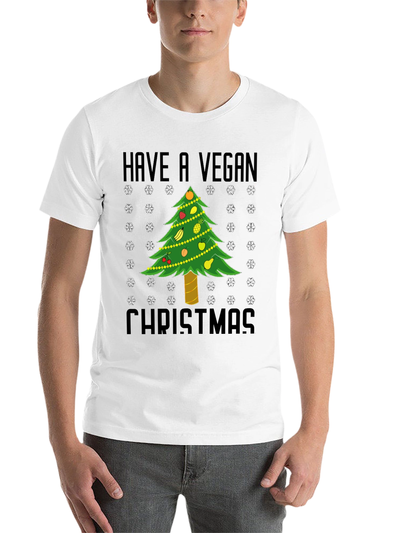Black Vegan Christmas T-Shirt - Holiday Tree Fruit Design view 14