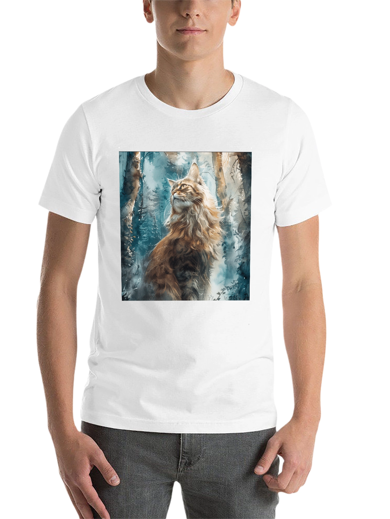 Black Watercolor Cat in Forest Graphic Tee view 14