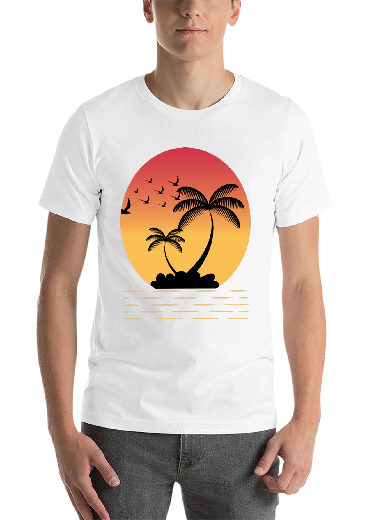Black Tropical Sunset T-Shirt: Palm Trees & Birds view 14