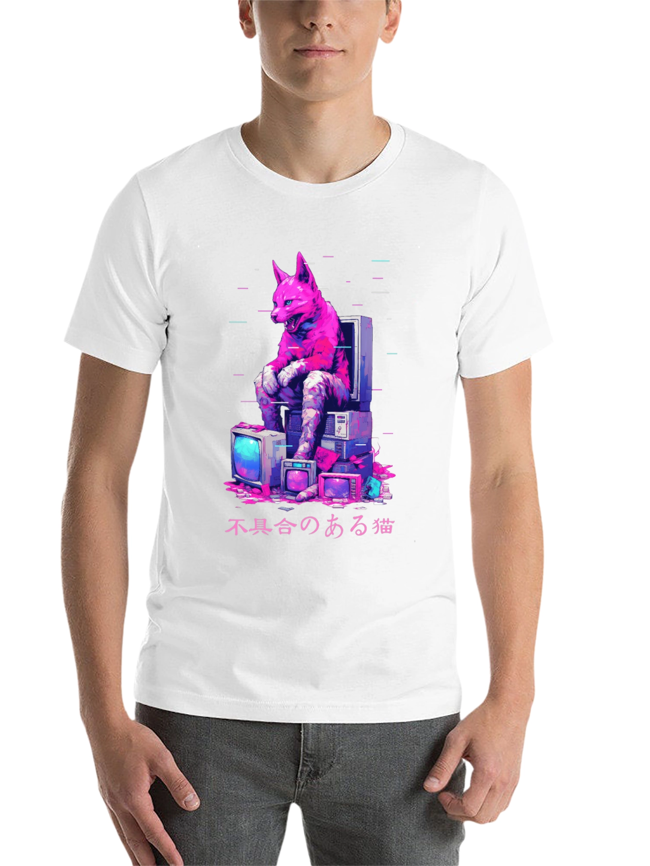 Black Cyberpunk Cat Glitch T-Shirt view 14