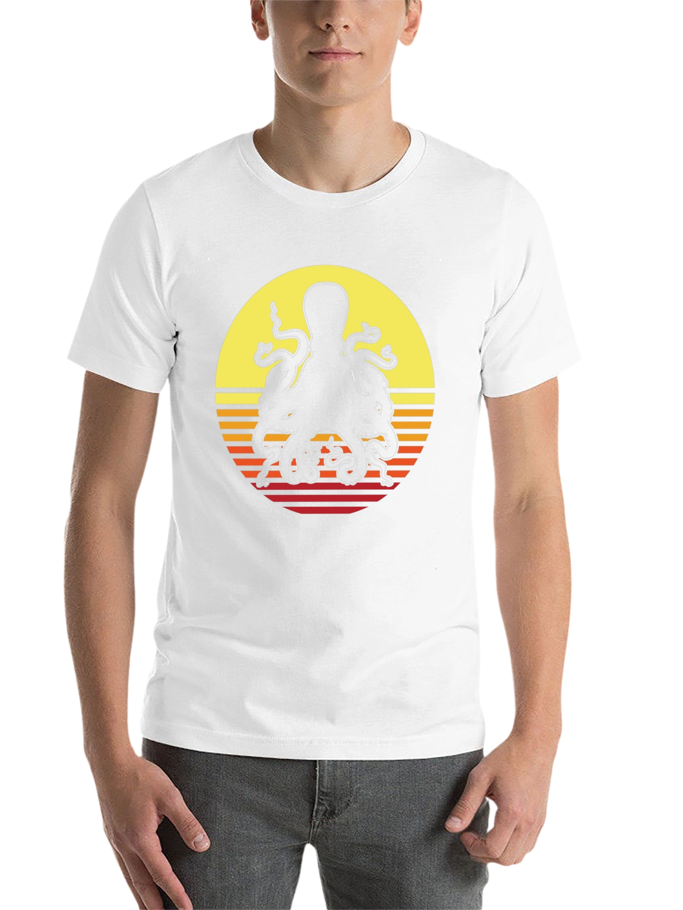 Black Retro Octopus Sunset Graphic T-Shirt view 14
