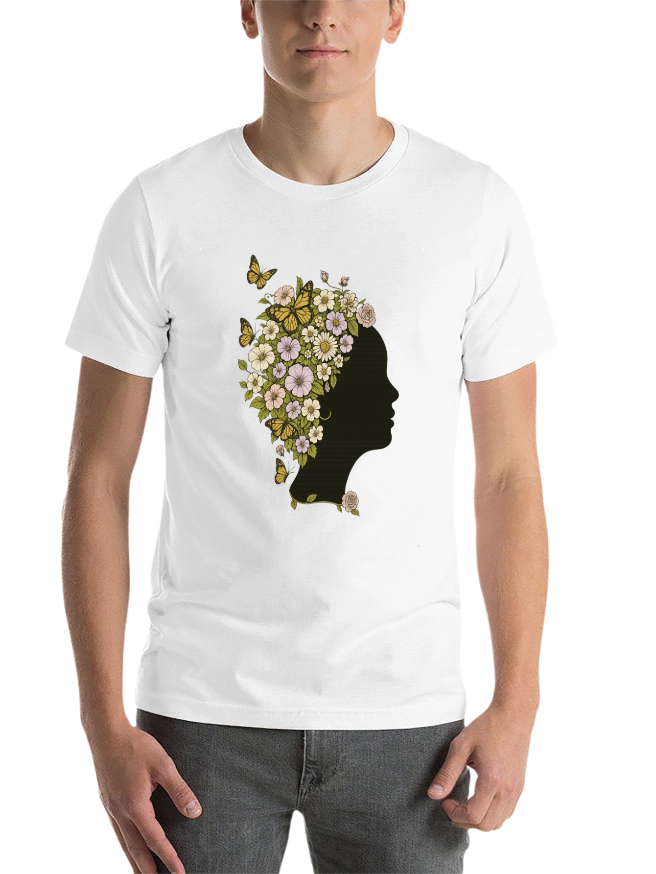 Black Floral Woman Graphic Tee - Black Cotton T-Shirt view 14
