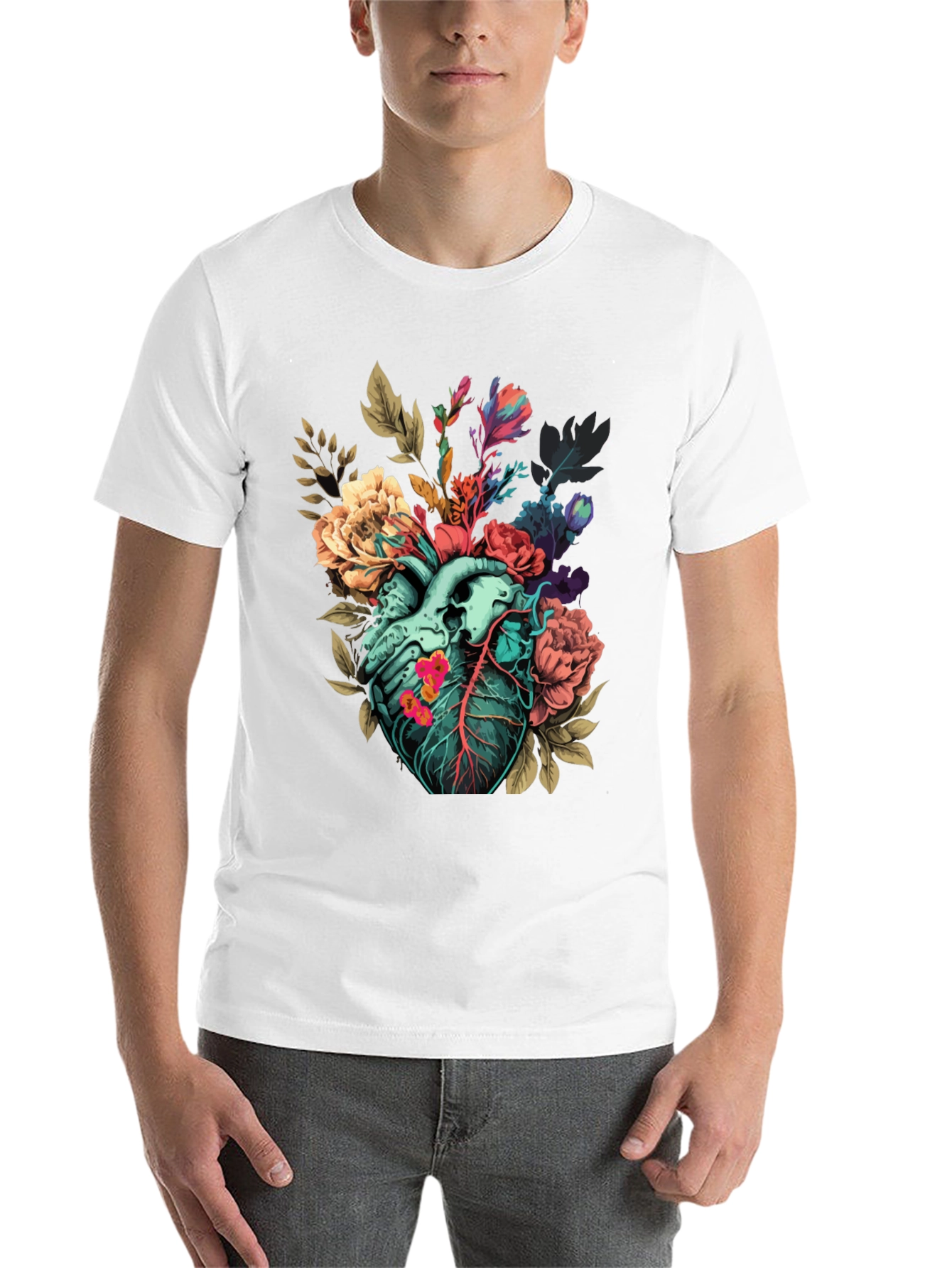 Black Floral Heart Print T-Shirt - Unique Anatomical Art view 14