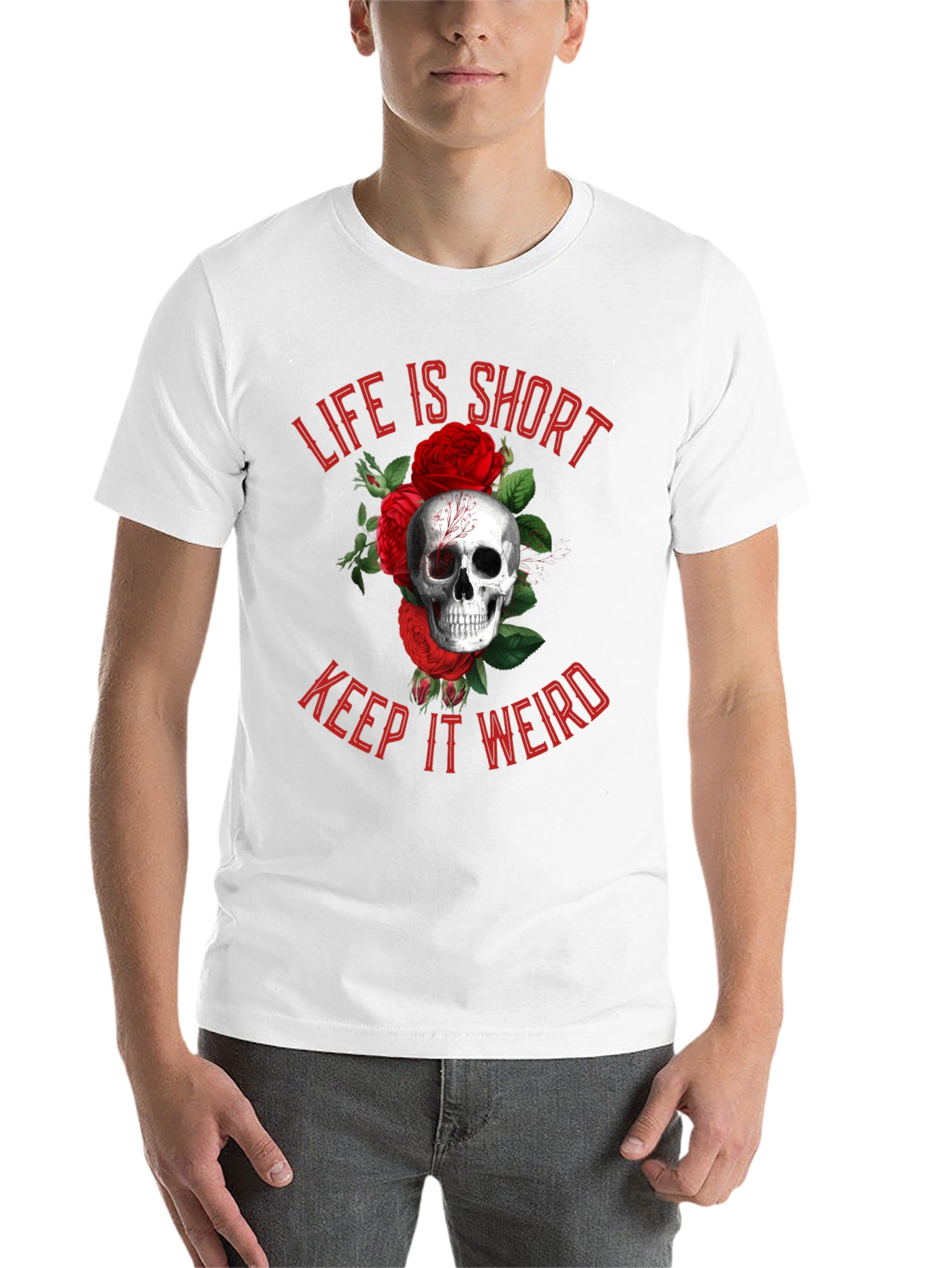 Black Life is Short, Keep it Weird Skull & Roses Graphic Tee view 14