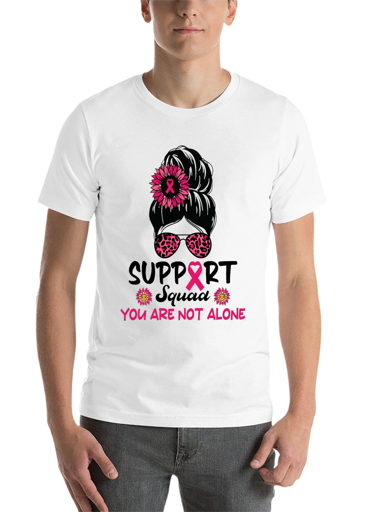Black Breast Cancer Awareness Messy Bun Support Squad Tee view 14