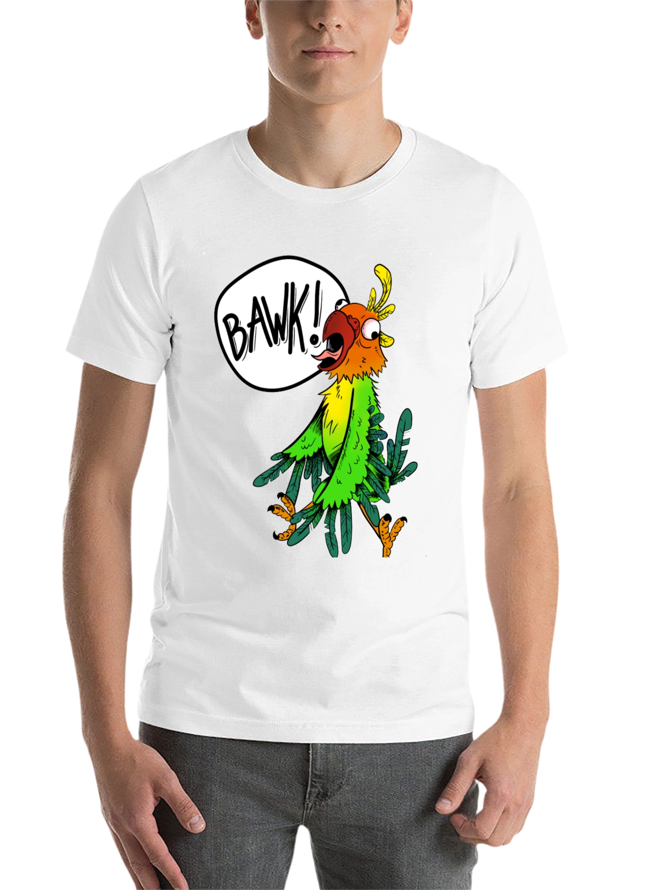 Black Cartoon Parrot Graphic Tee - 'BAWK!' Design view 14