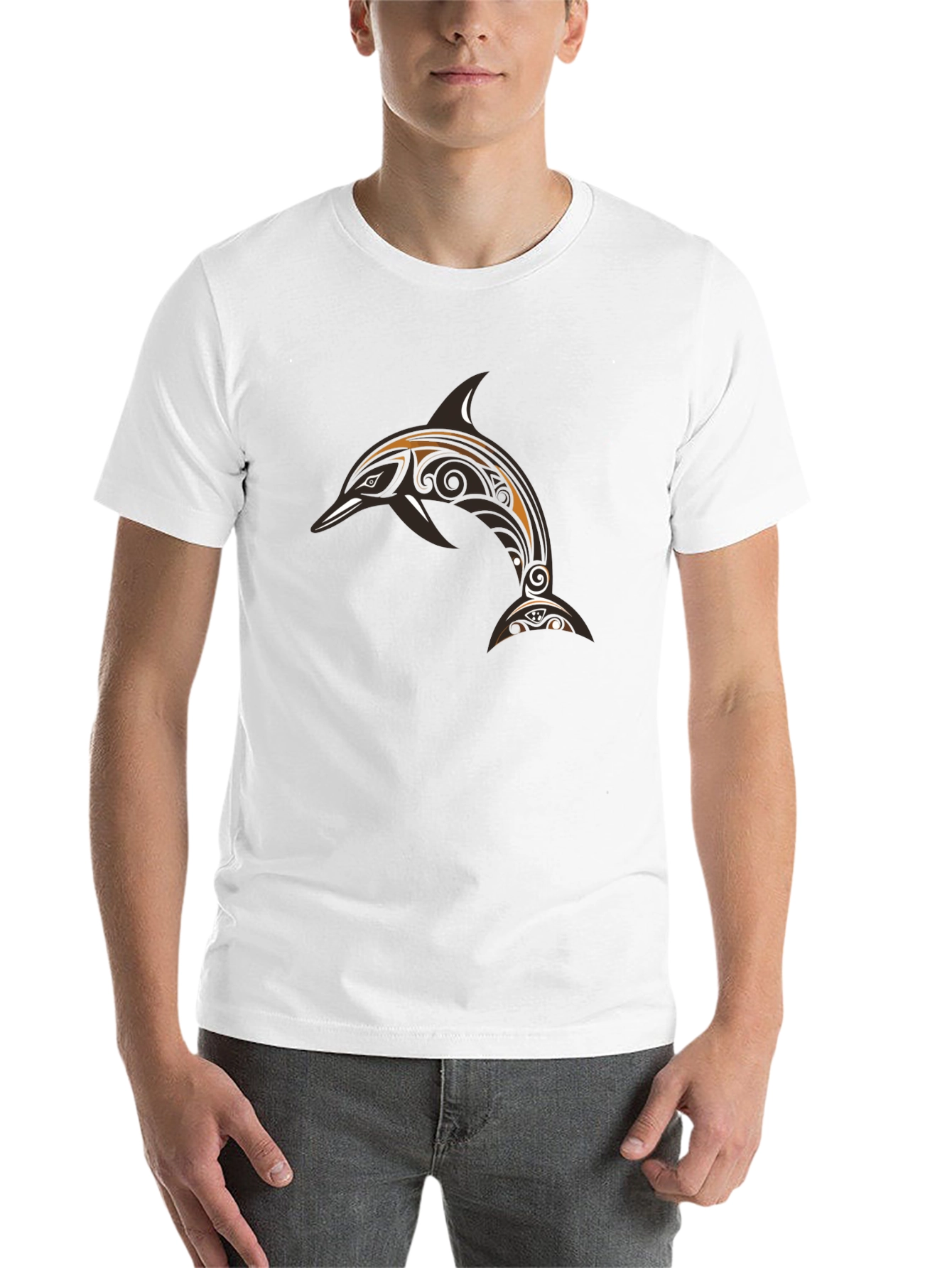 Black Men's Black T-Shirt with Tribal Dolphin Design view 14