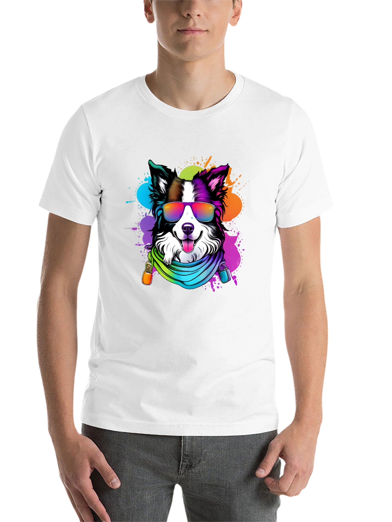 Black Cool Dog Graphic Tee - Colorful Border Collie T-Shirt view 14