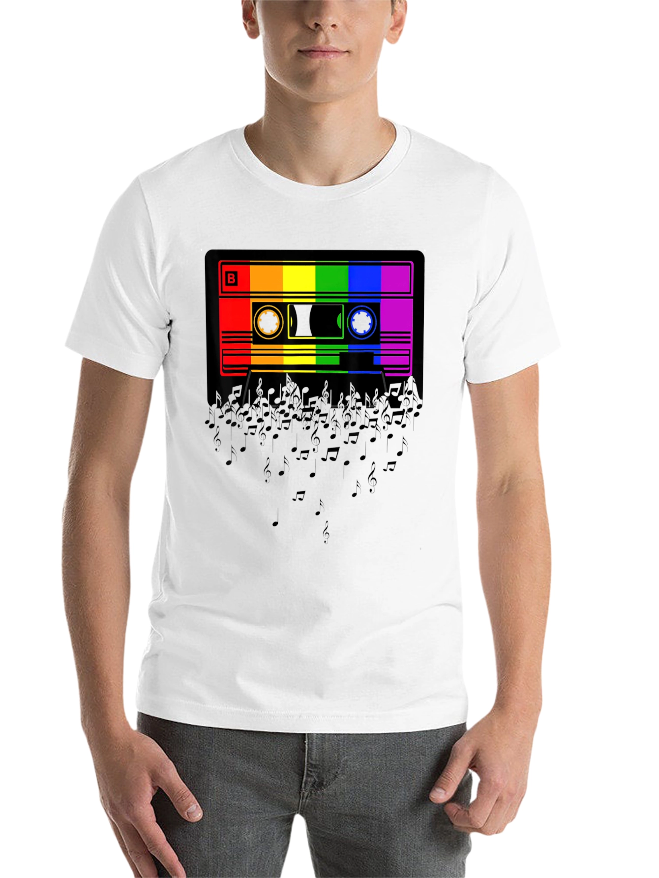 Black Rainbow Cassette Tape Music Notes Graphic T-Shirt view 14
