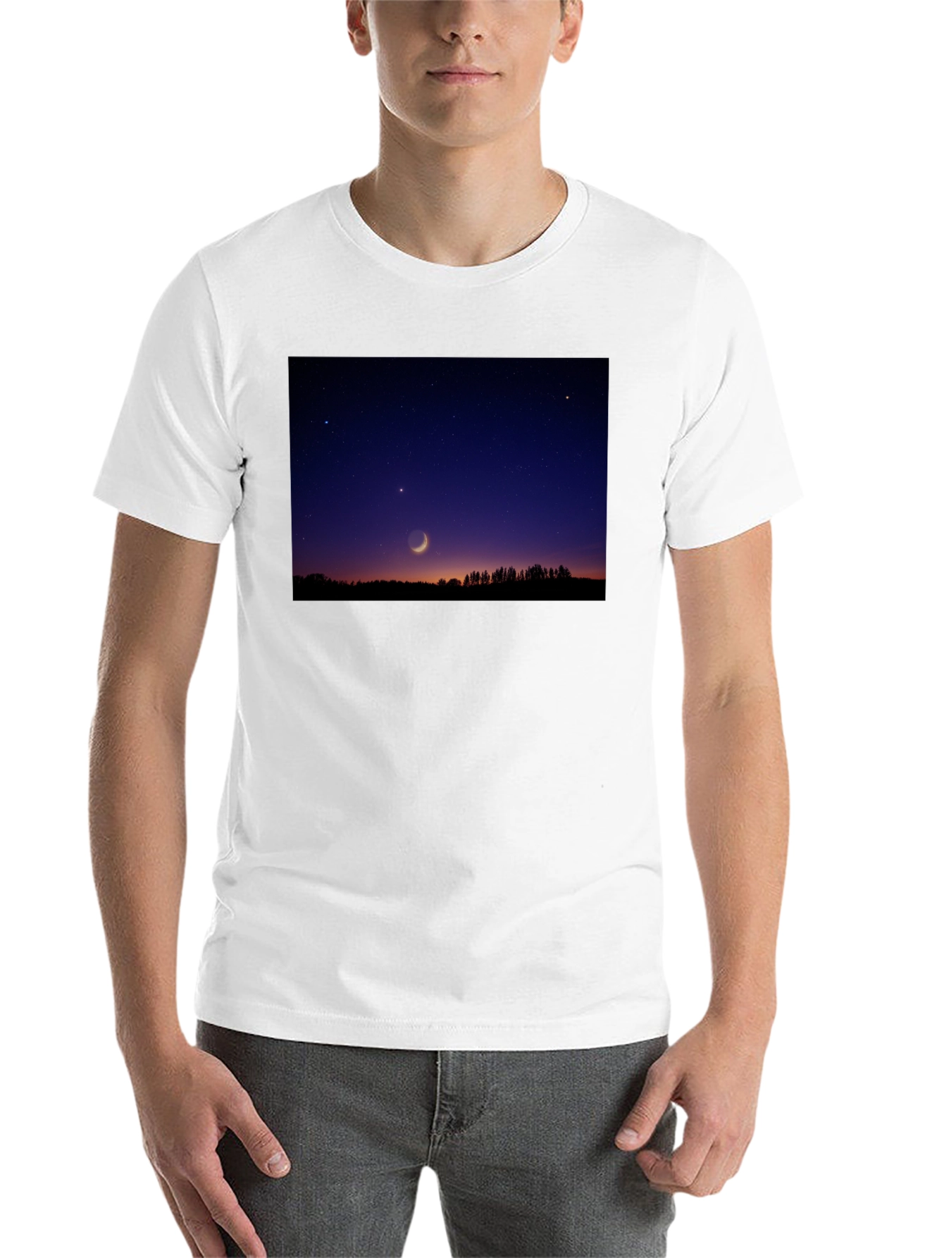 Black Men's Black T-Shirt with Night Sky Crescent Moon Design view 14