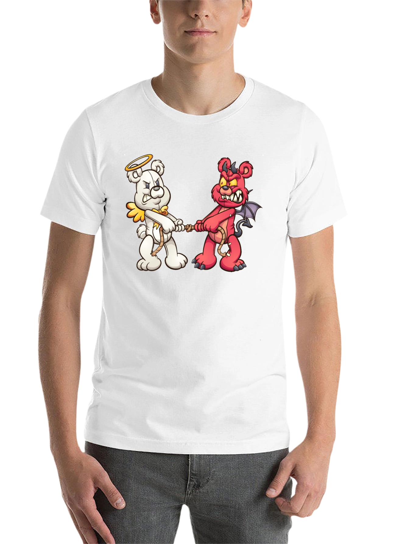 Black Angel vs. Devil Bear Tug-of-War Graphic T-Shirt view 14