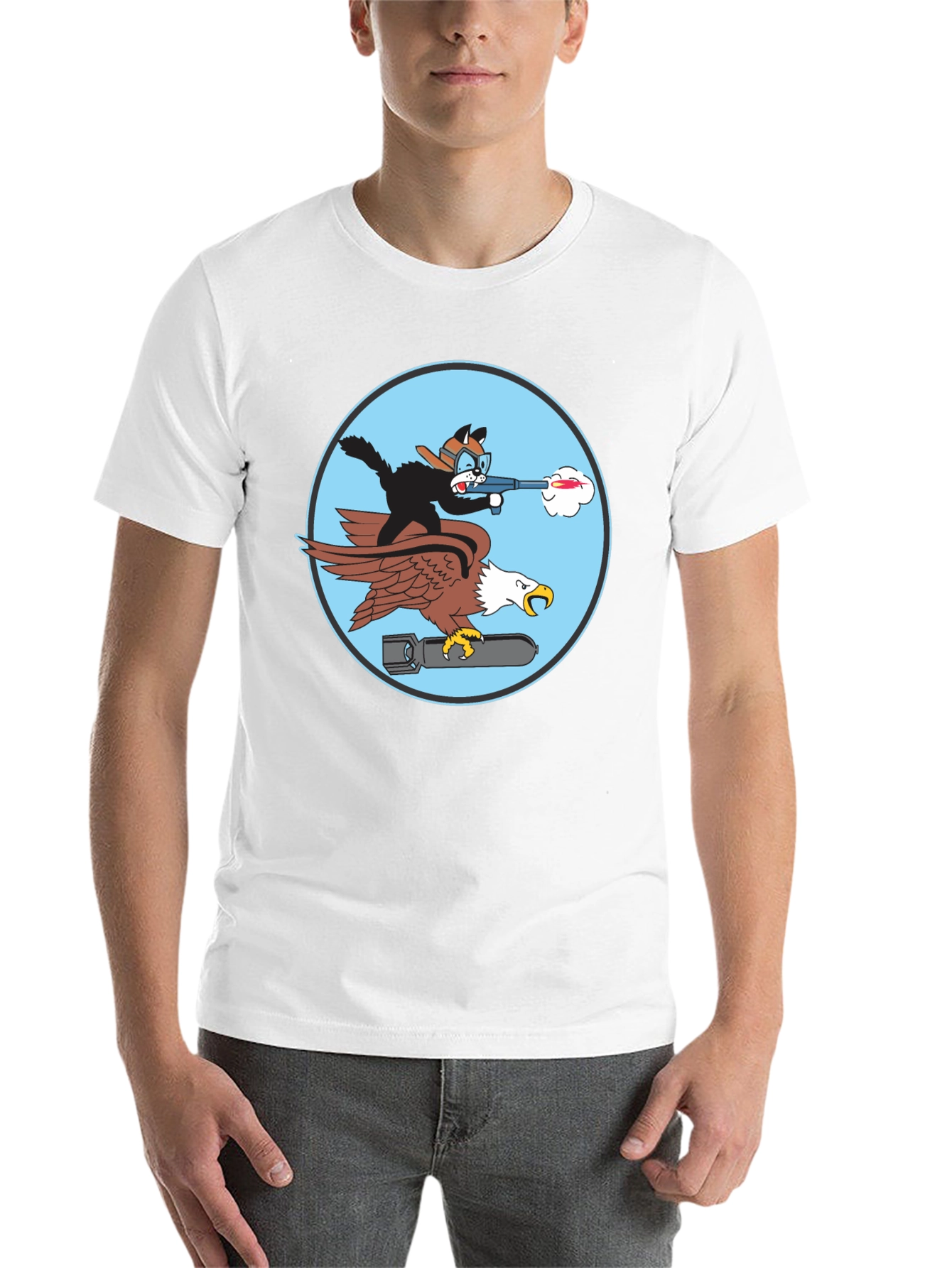 Black Cartoon Cat & Eagle T-Shirt - Funny Graphic Tee view 14