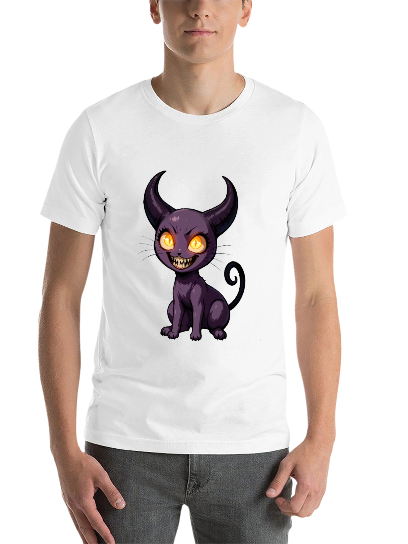 Black Black T-Shirt with Cartoon Devil Cat Print view 14