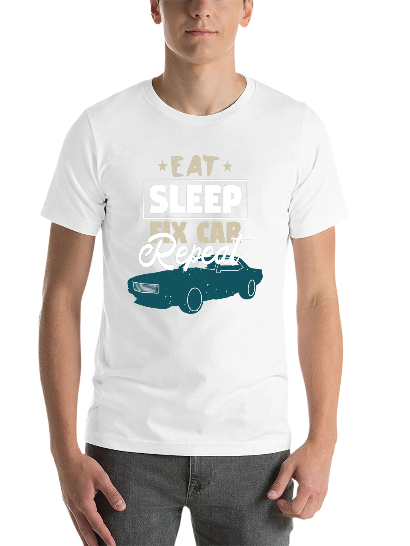 Black Eat Sleep Fix Car Repeat Graphic Tee view 14