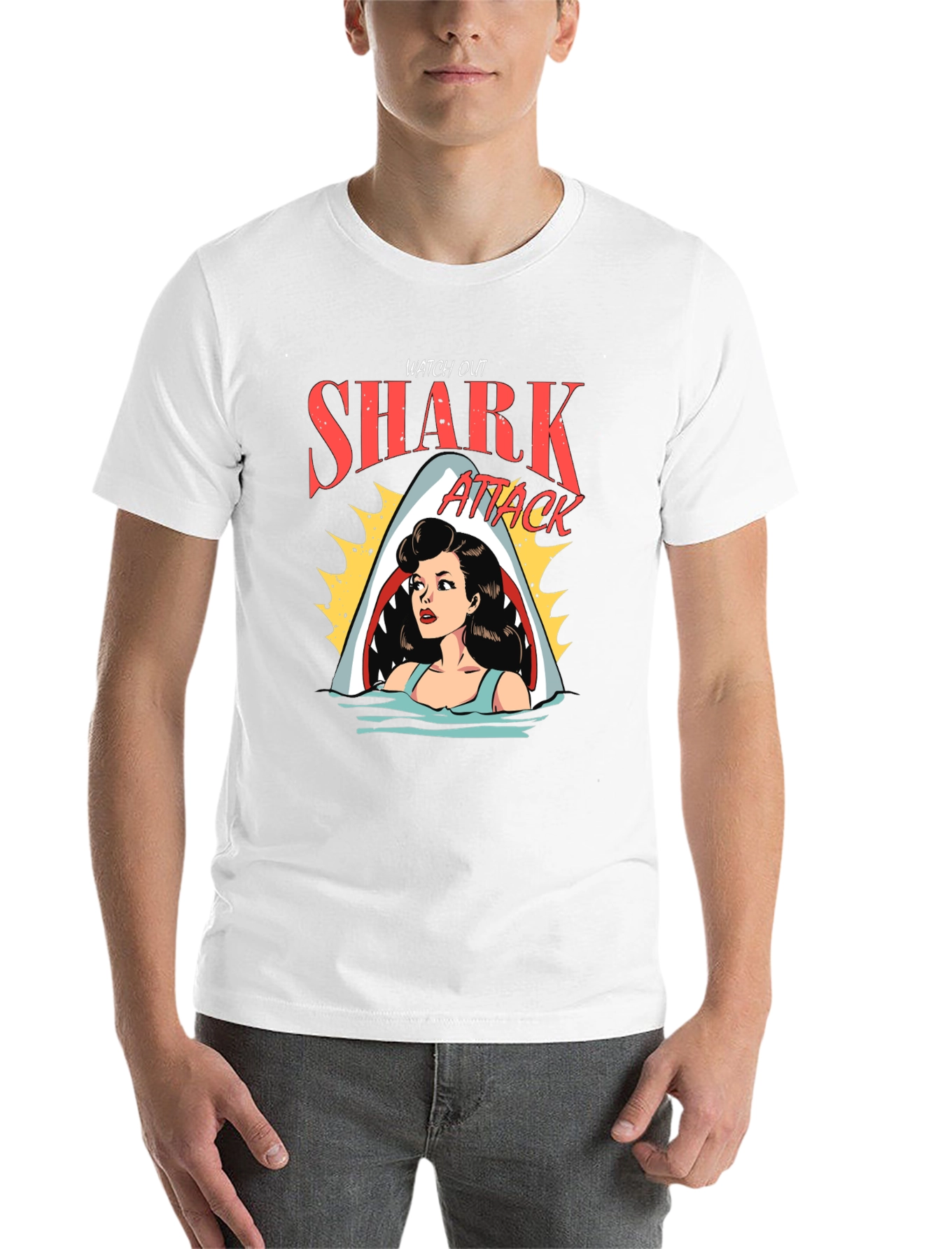 Black Shark Attack Cartoon Graphic Black T-Shirt view 14