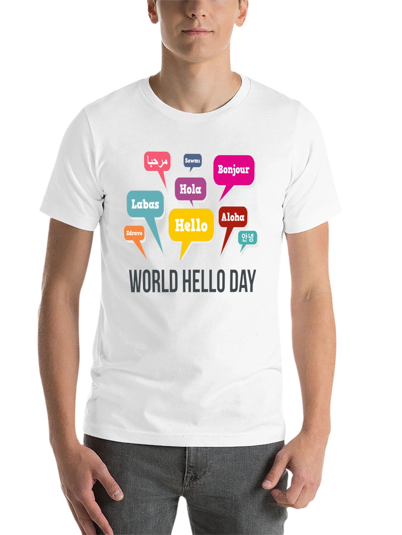 Black World Hello Day T-Shirt - Multilingual Greetings view 14