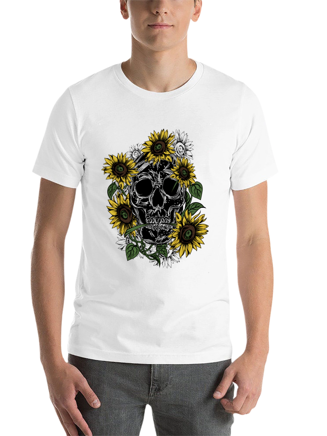 Black Skull & Sunflower Graphic Tee - Men's Black T-Shirt view 14