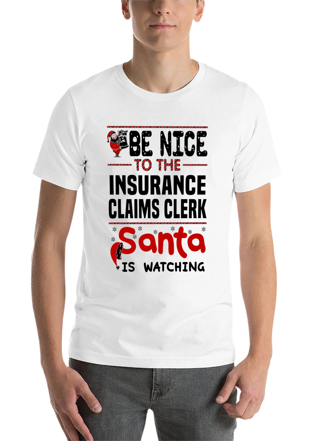 Black Insurance Claims Clerk Santa Watching T-Shirt view 14