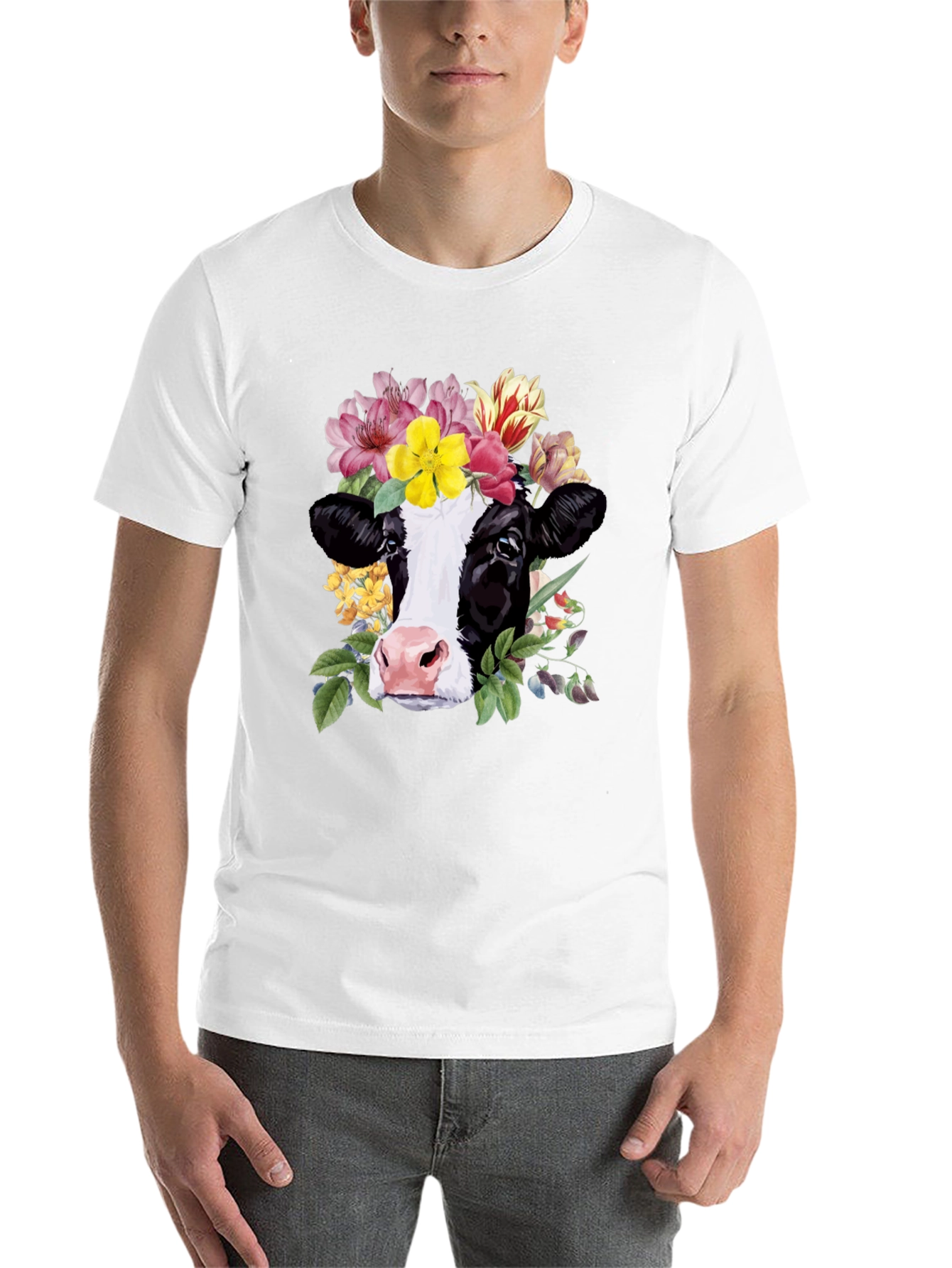 Black Floral Cow Graphic Tee - Unisex Black T-Shirt view 14
