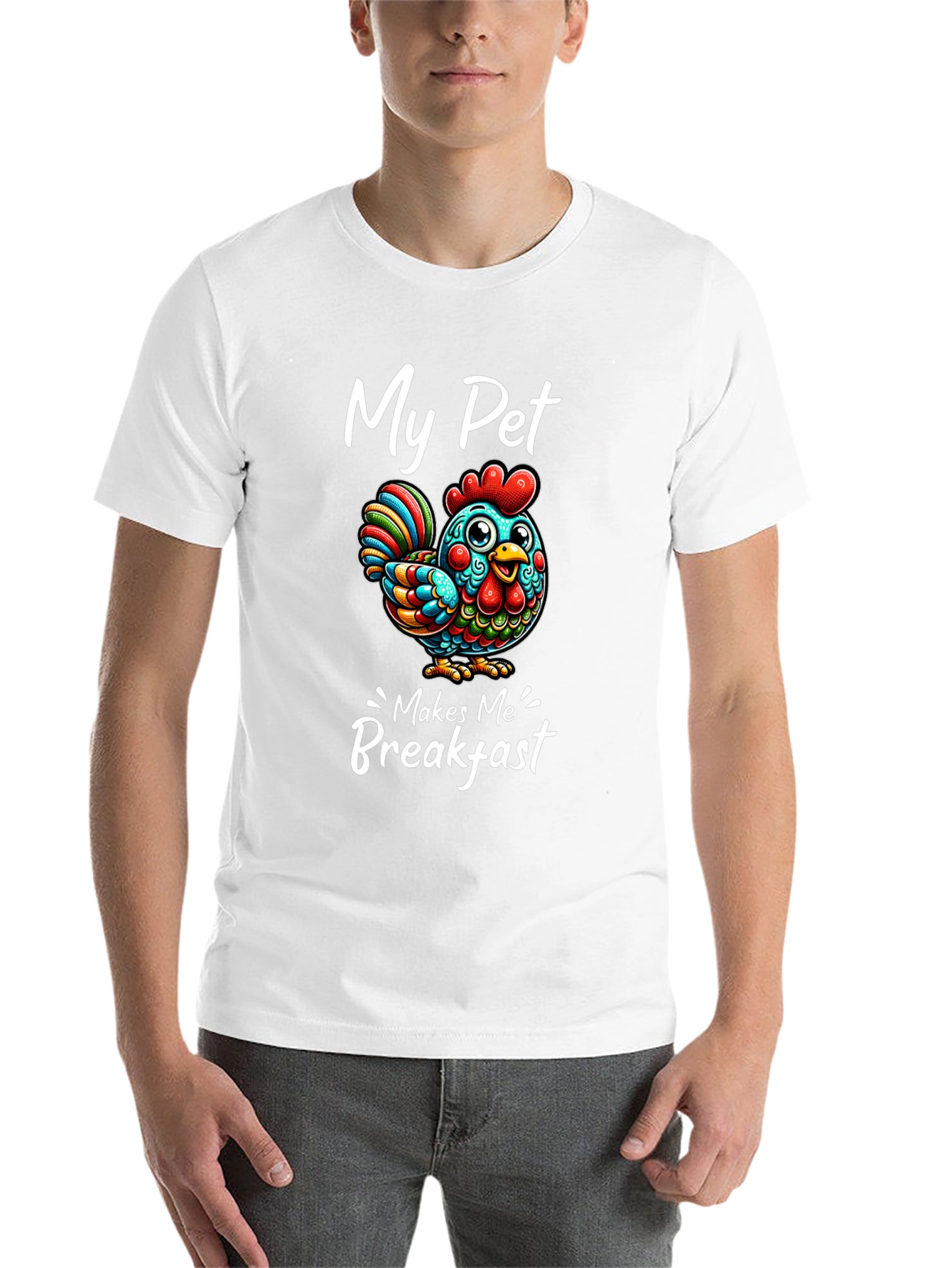Black Funny Chicken T-Shirt - "My Pet Makes Me Breakfast" view 14