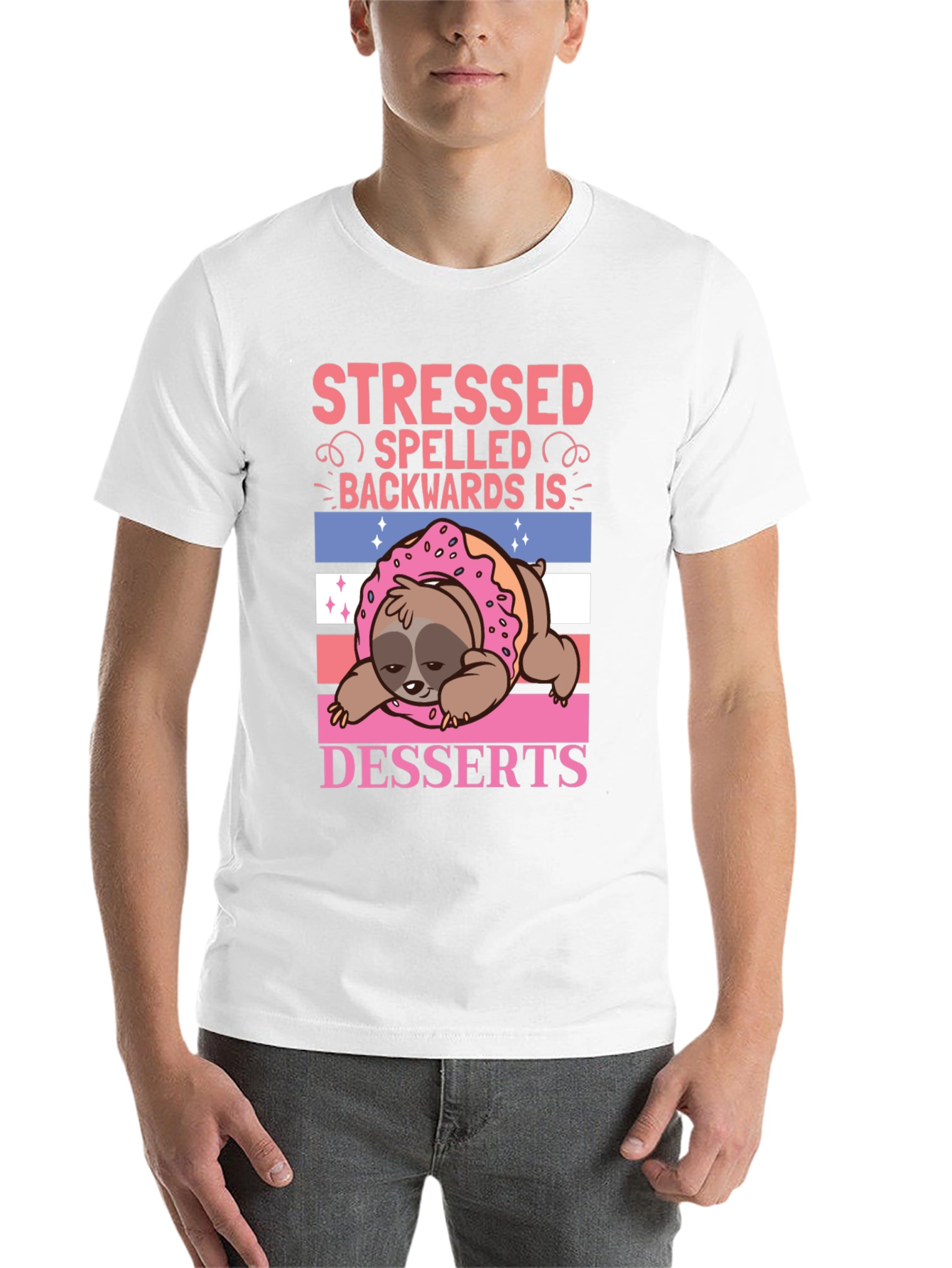 Black Stressed Backwards Desserts Sloth T-Shirt view 14